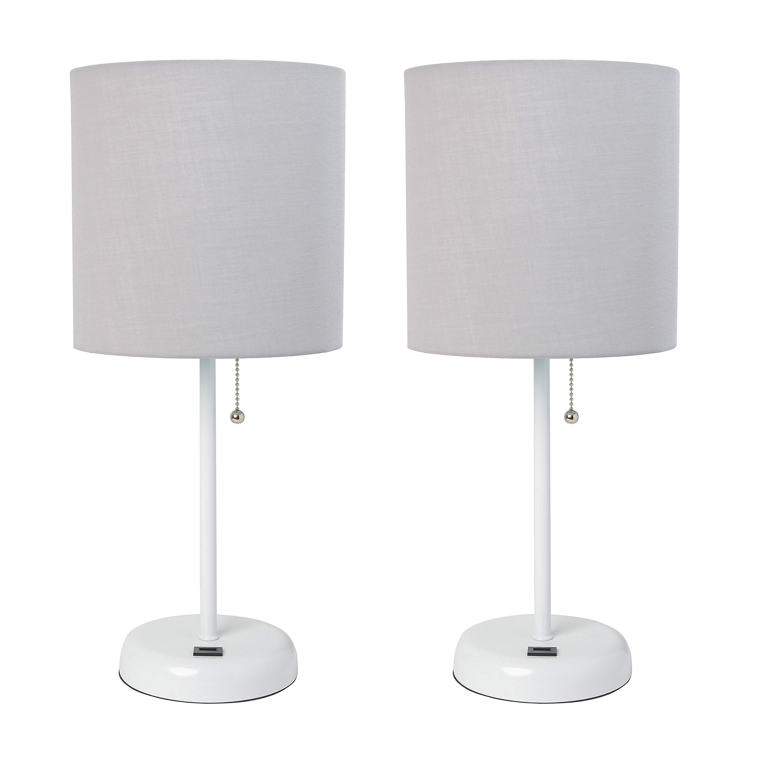 Simple Designs Lc2002-Gow-2Pk White Stick Table Lamp Set With Usb Charging Port And Gray Fabric Shades, 2 Pack Set