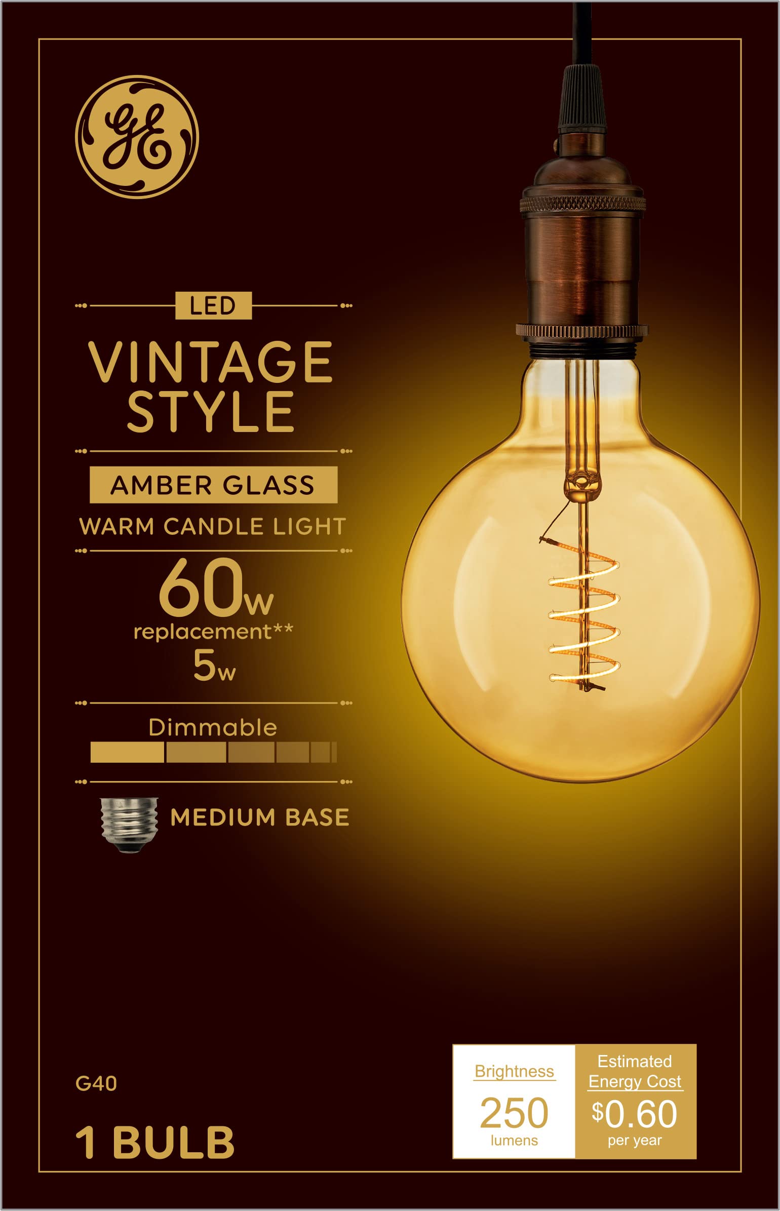 GE Vintage Style LED Globe Light Bulb, 5 Watts (60 Watt Equivalent) Warm Candle Light, Amber Glass, Medium Base, Dimmable (1 Pac