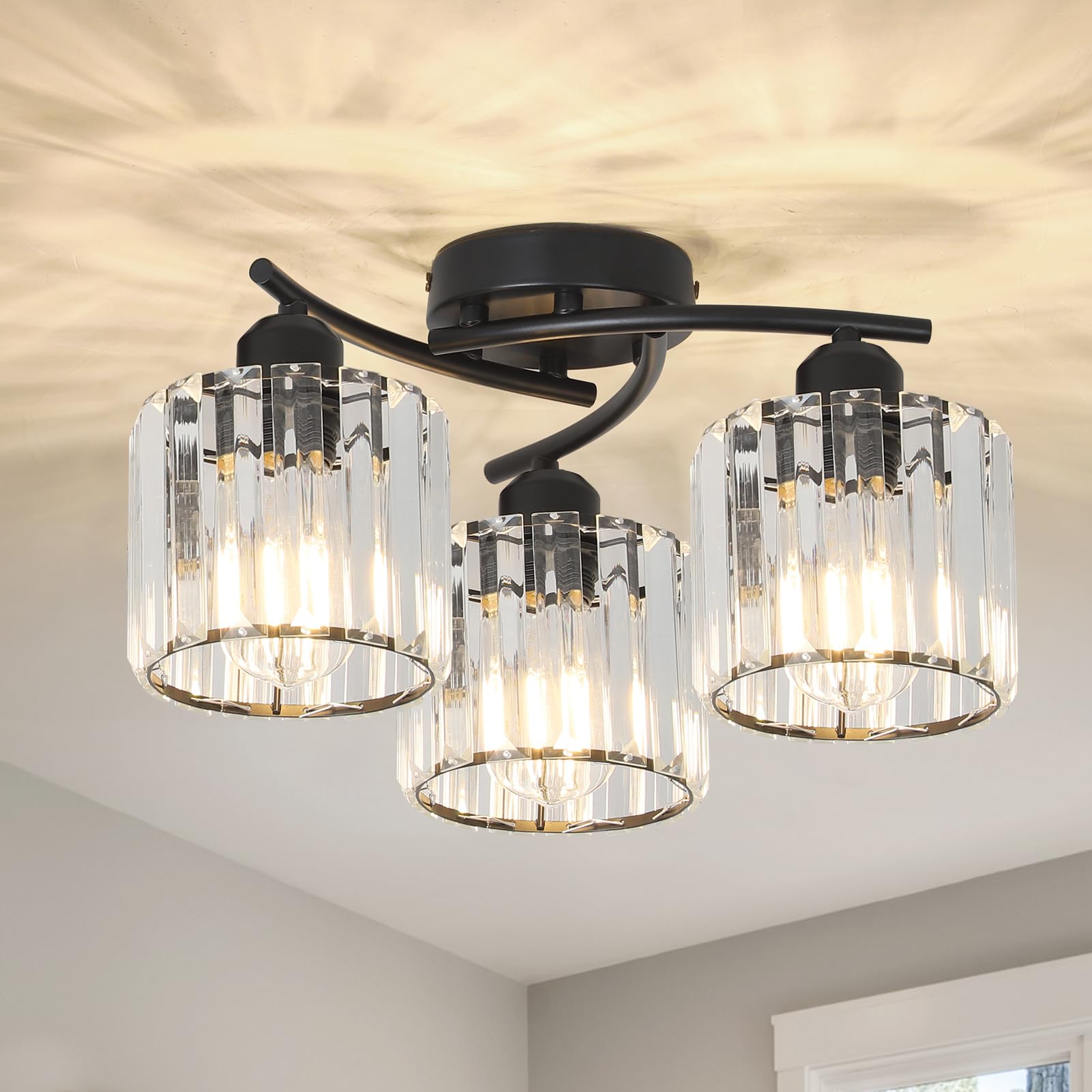 Crystal Semi Flush Mount Ceiling Light 3-Light Black Close To Ceiling Light Fixtures Kitchen Light Fixture With Clear Crystal Shades Hallway Light Fixtures For Kitchen Entryway Bedroom Bathroom