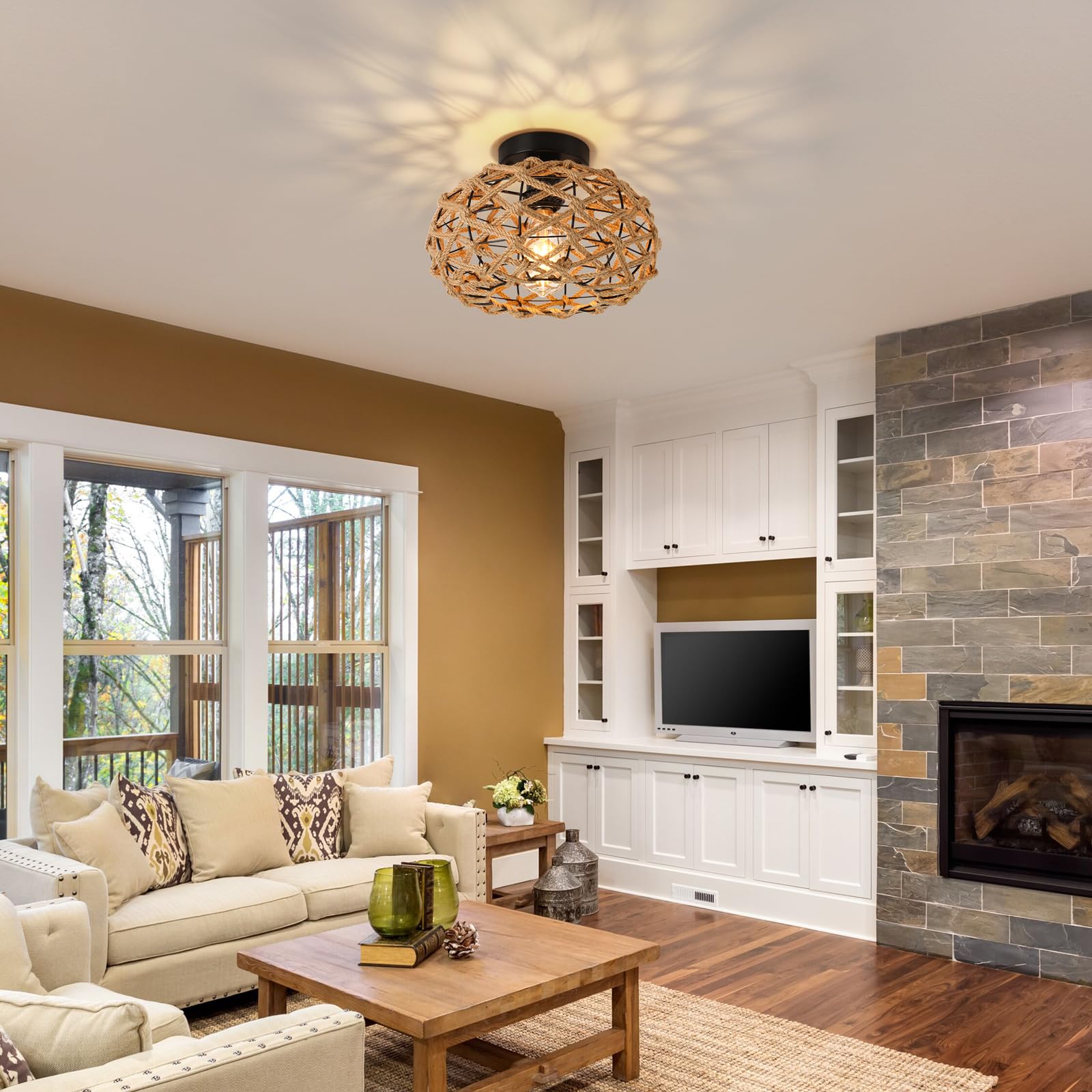 Foucasal Rattan Ceiling Light Fixture - Woven Wicker Semi Flush Mount For Coastal Boho Decor