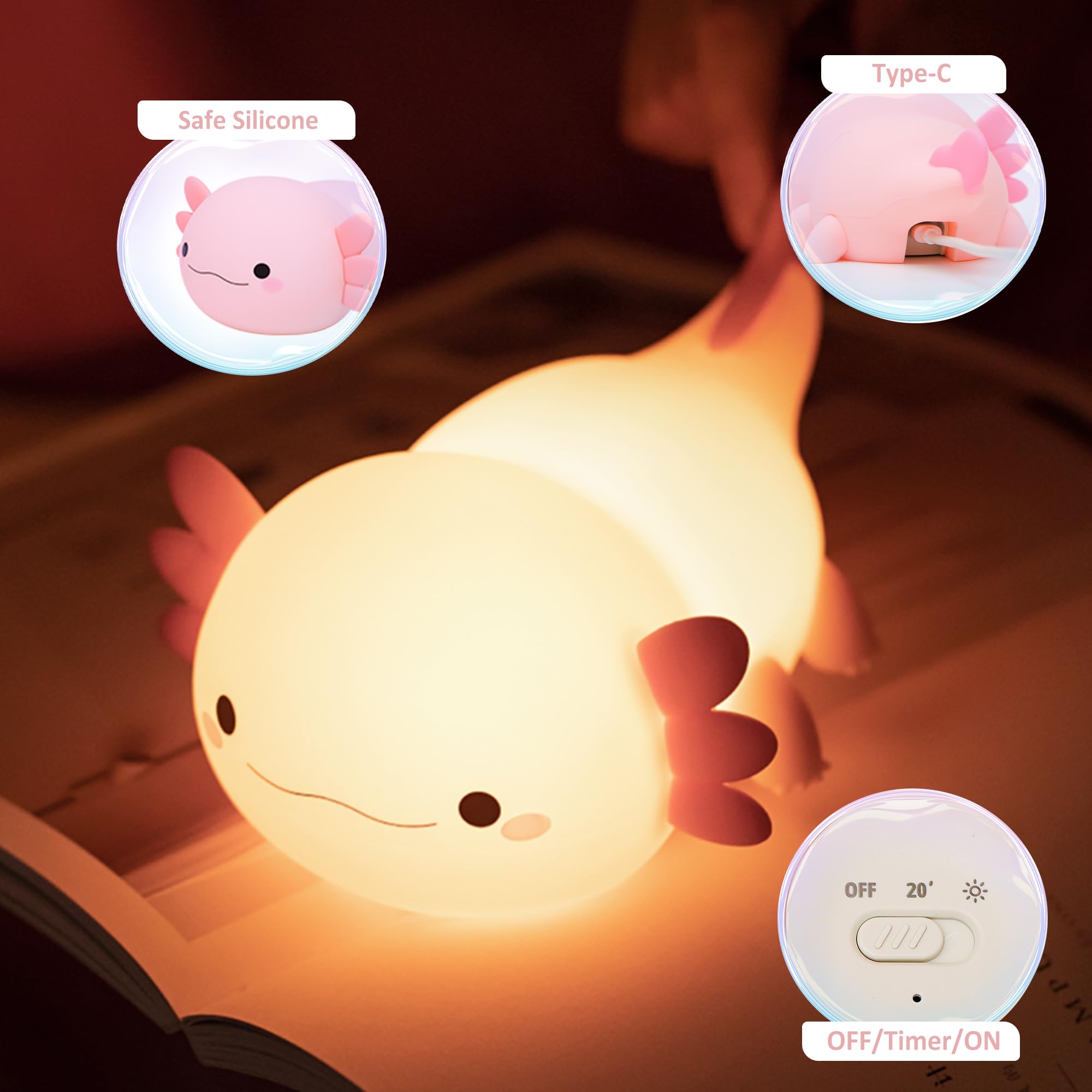 Axolotl Night Light  Cute Night Light For Kids  Animal Silicone Nursery Night Lamp  Timer Dimmable Rechargeable Led Nightlight  Soft Feeding Room Decor Bedside Lamp Gifts For Kids Girls Boys Women