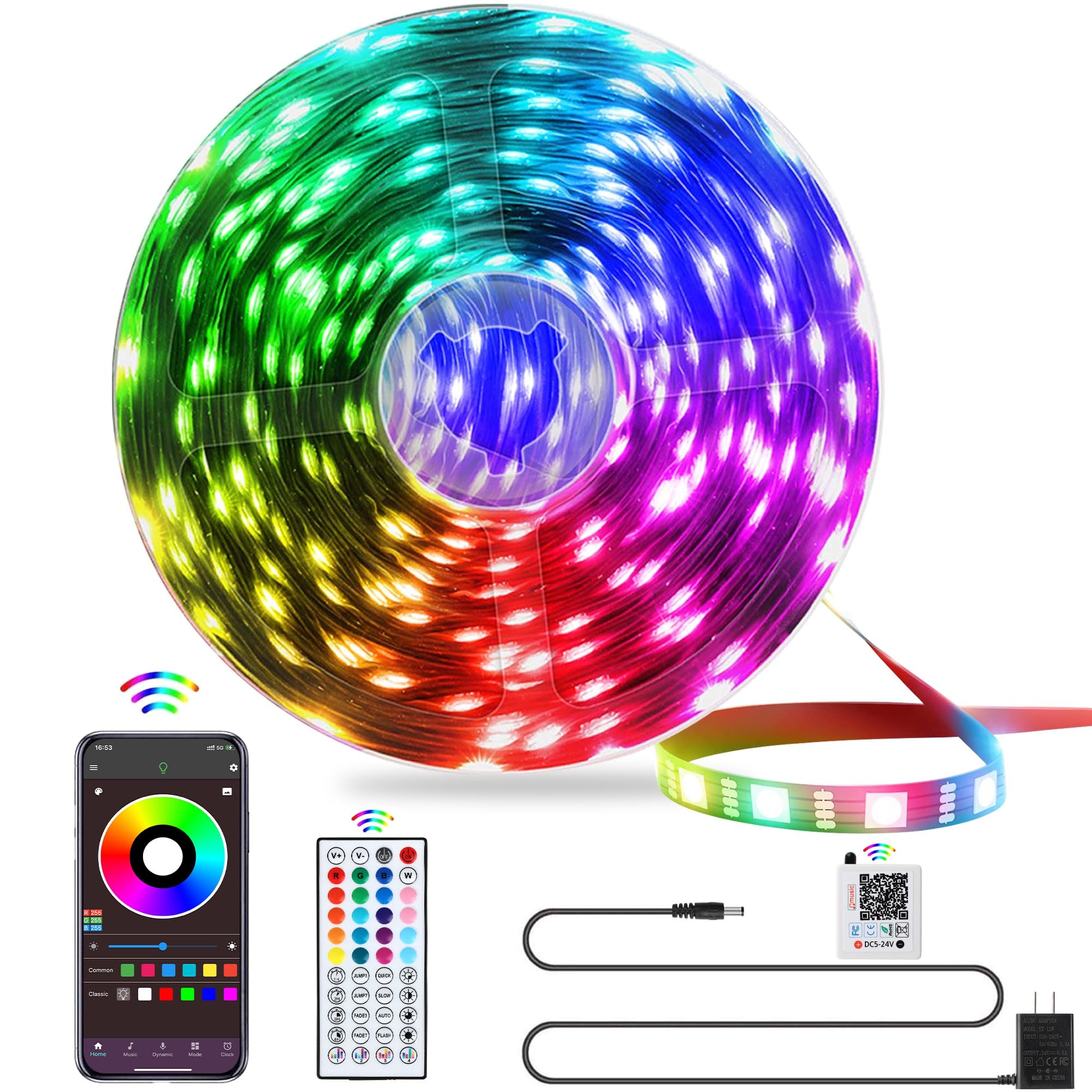 QZYL 25FT RGB LED Strip Lights, Multicolor with 44 Keys IR Remote, App Control, Adjustable Brightness, Adhesive Backing