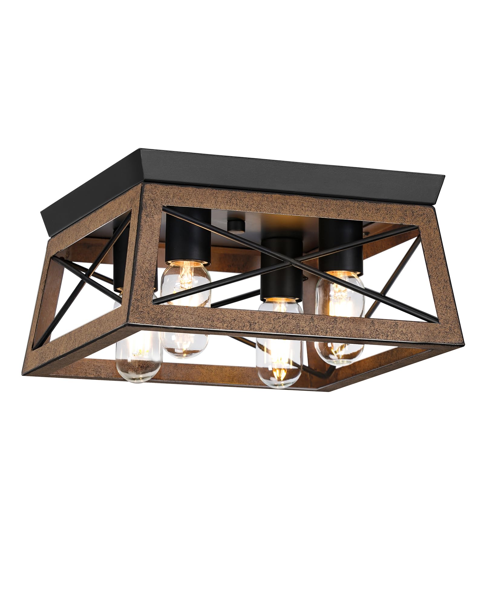 Goebleson Farmhouse Flush Mount Ceiling Light Fixtures, 4-Light Hallway Close To Ceiling Light, Metal-Framed, Wood Grain Finish,