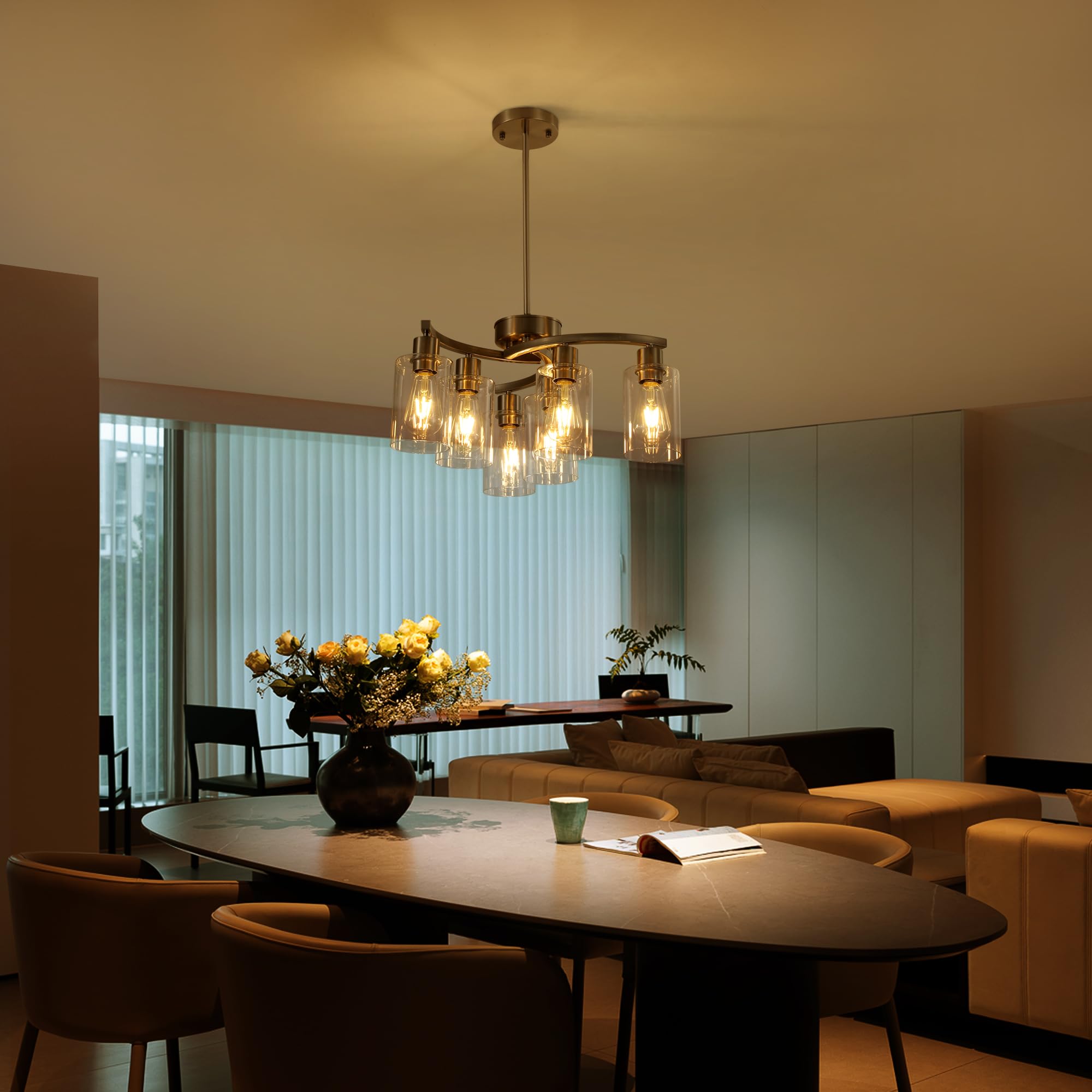 Cnratye 6-Light Brushed Nickel Chandeliers For Dining Room Light Fixtures Over Table, Adjustable Height Hanging Industrial Penda