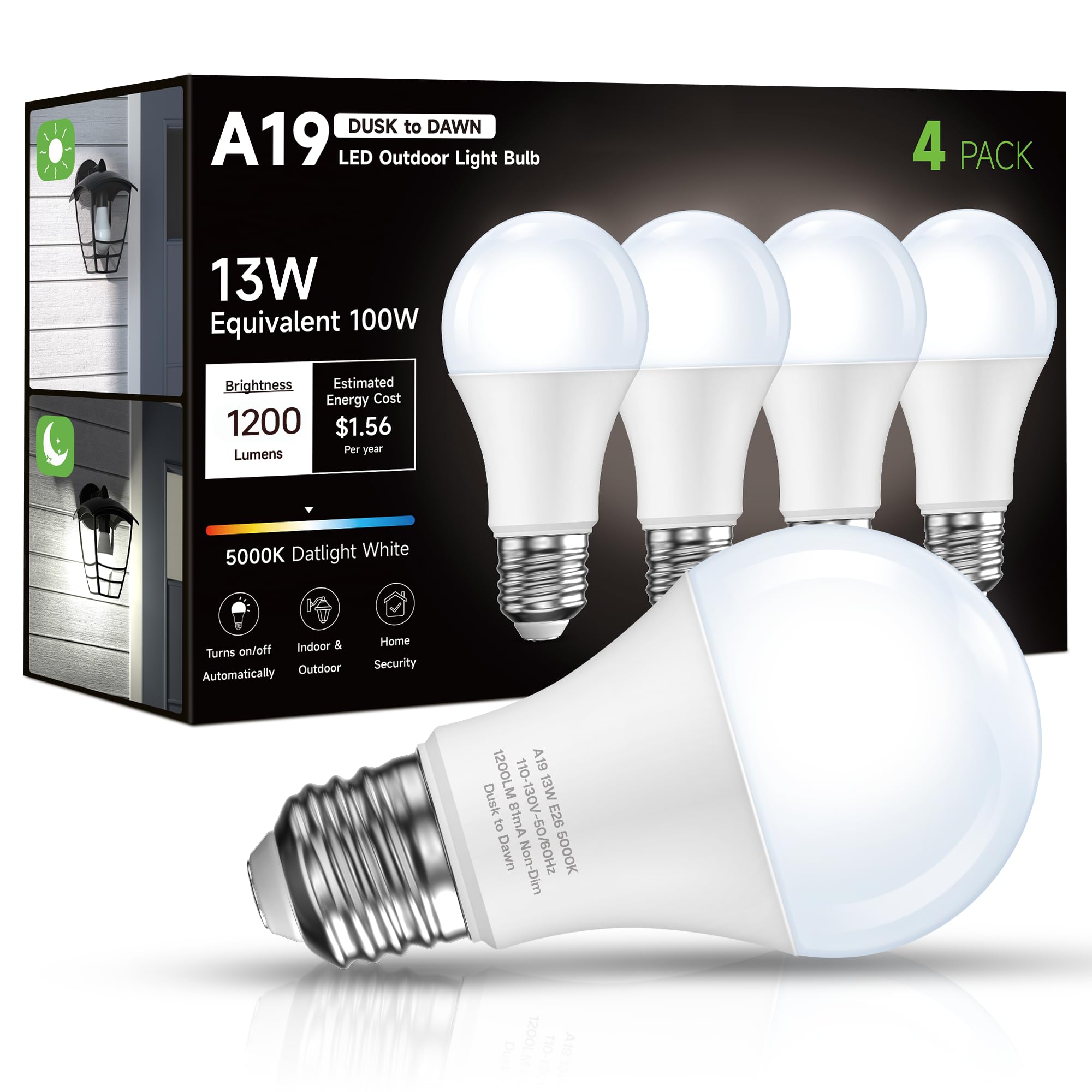 Eastiya Dusk To Dawn Sensor Led Outdoor Light Bulb, Daylight White 5000K, A19 13W(100 Watt Equivalent) Bright Porch Lighting, 12