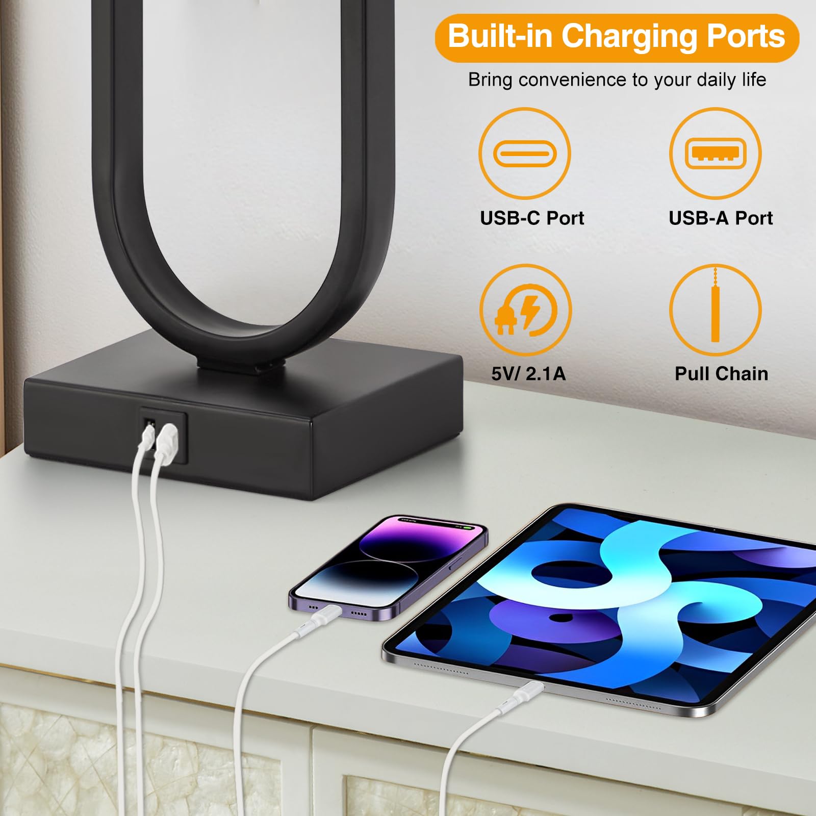 Luvkczc Nightstand Lamps Set of 2, 24in  Tall, Metal, Grey Linen Shade, USB C+A Ports, Model 107