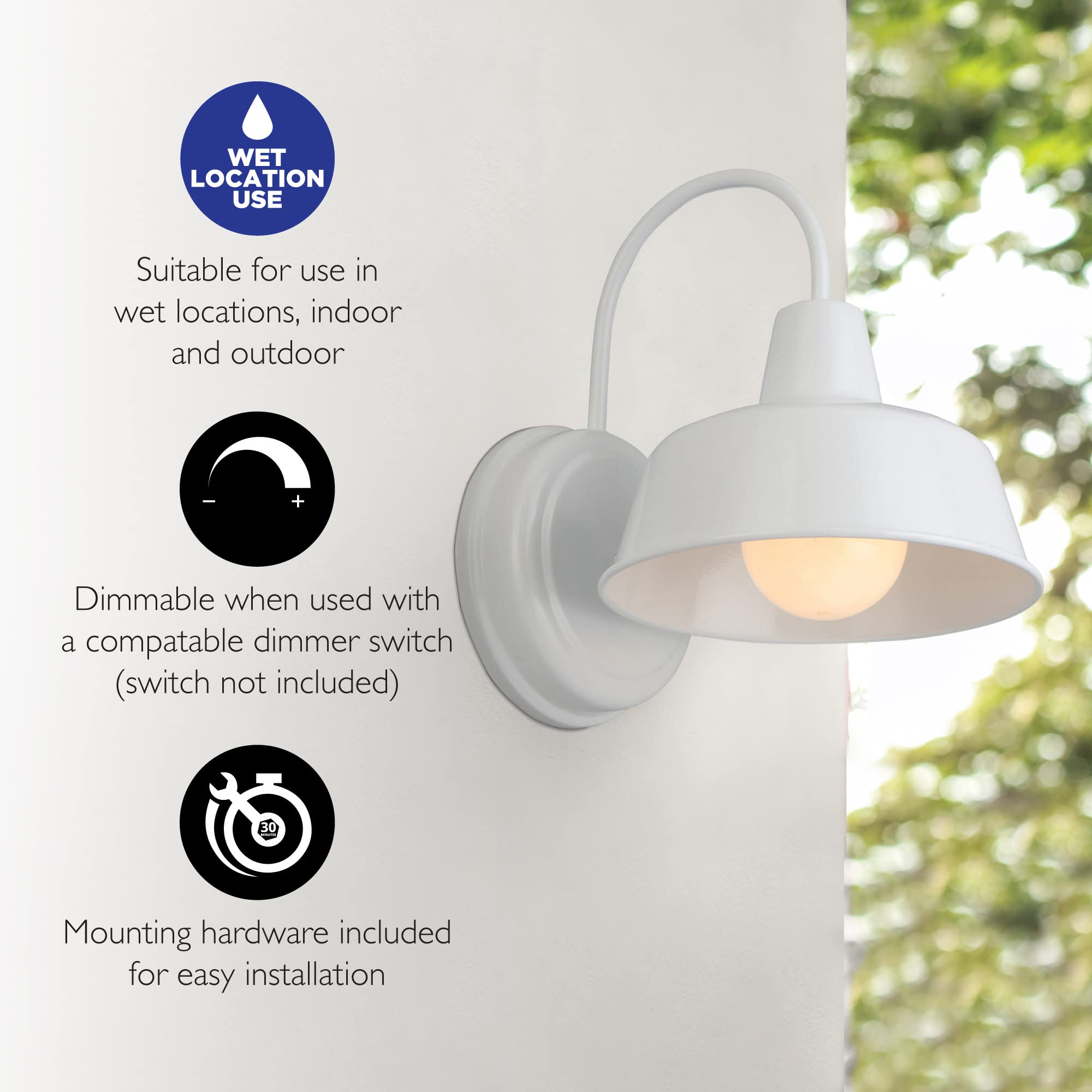 Design House Mason Barn Light - 8" White Indoor/Outdoor Wall Mount - Modern Industrial Farmhouse Style, Model 579359, Alloy Steel