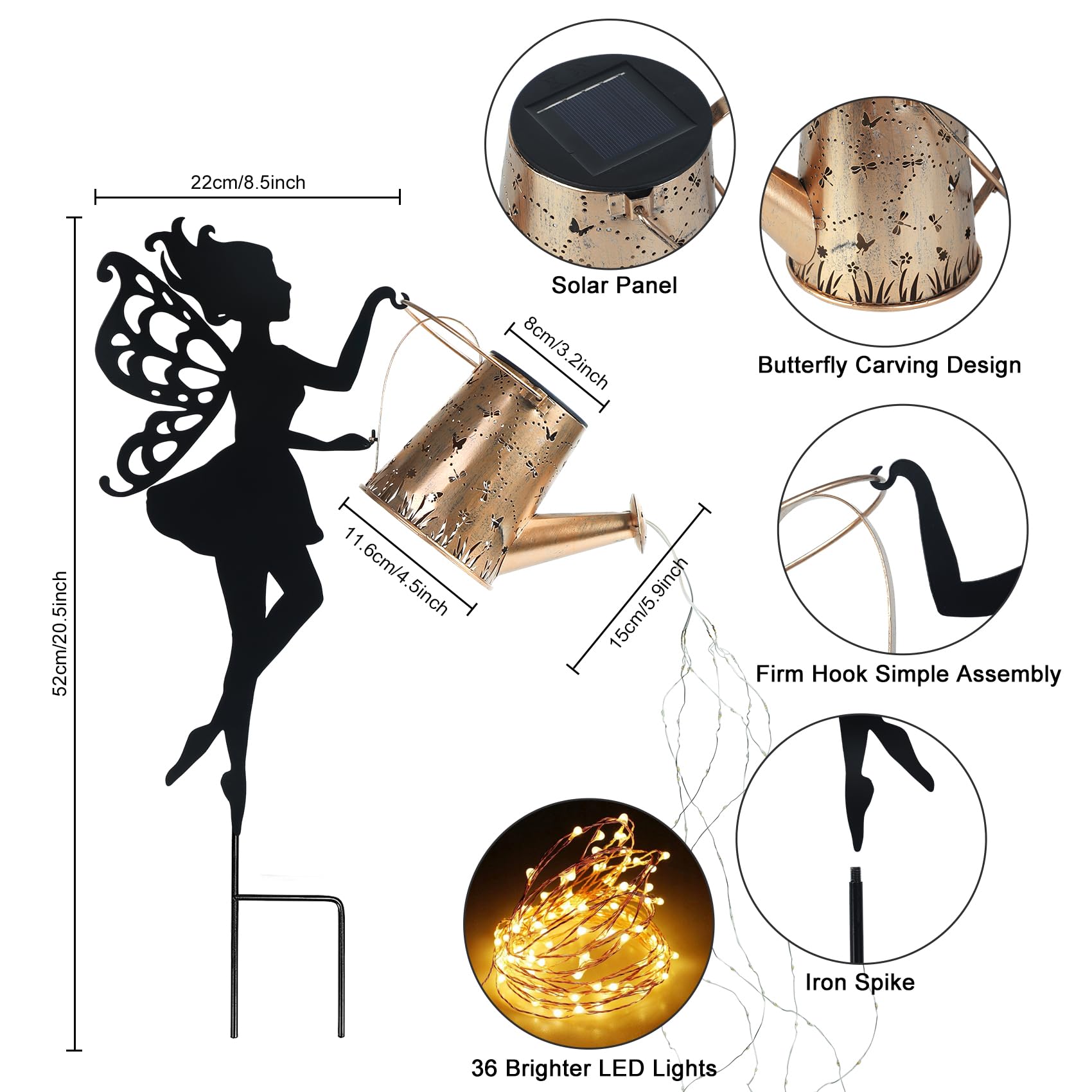 Ouddy Decor Fairy Garden Decor With Solar Watering Can, Metal Statues With Hanging Lanterns Waterfall Lights Silhouette Waterpro