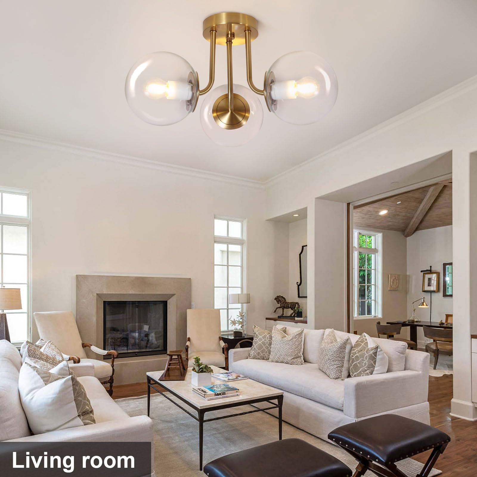 Bektas 3-Lights Semi Flush Mount Ceiling Light Fixture Brushed Gold Light Fixture Bend Modeling With Transparent Glass Shade For