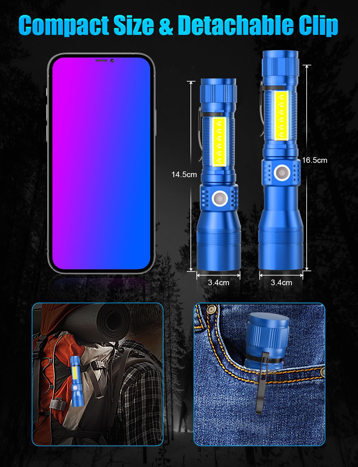 Vnina UV Rechargeable Flashlight, 1000 Lumens, 3-in-1 LED, 5.71 IN, Black/Blue, Model UV-S016-2 Pack