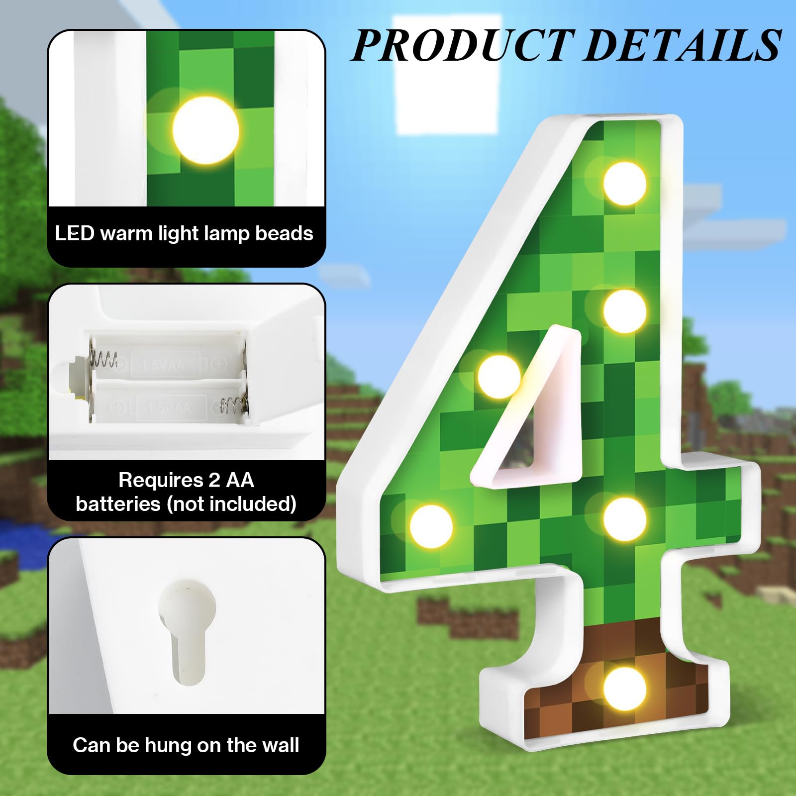 AXBMM Pixel Game Light Up Sign, Number 4, LED, 8.5", Green/Brown, Birthday Decorations, Table Centerpiece, Model XY-371