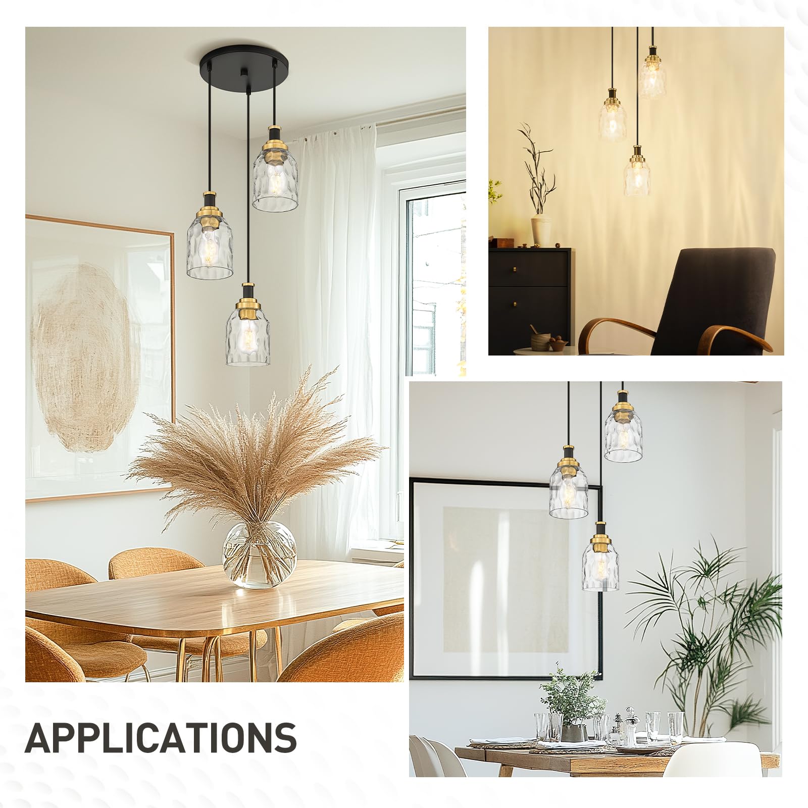 Zeyu Adjustable Modern Cluster Pendant Light For Kitchen Island, 3-Light Pendant Lighting, Black And Gold Finish With Water Ripp