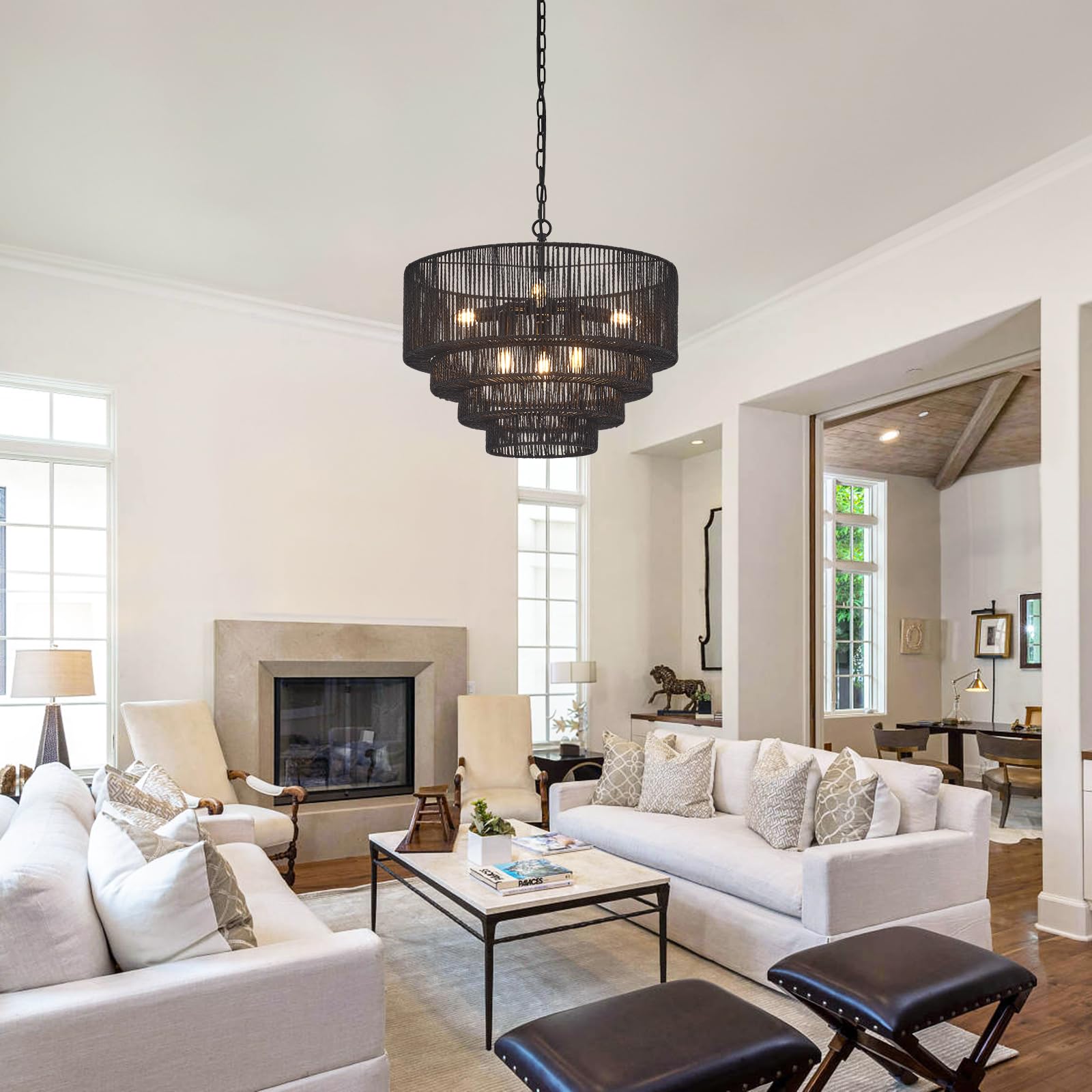 Yomecoo 19.7'' Hand-Woven Rattan Chandelier Vintage Farmhouse 6-Lights Boho Black Bamboo Chandeliers Light Fixture Retro Drum Wi