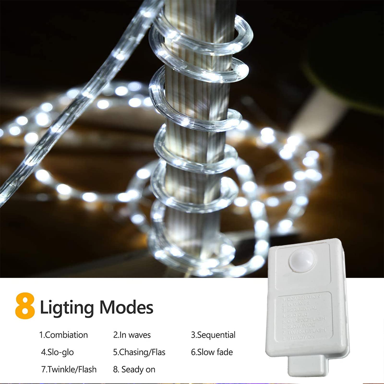 Jnaurb 200ft LED Rope Lights - 1440 Waterproof Tube Lights, 8 Modes, White, Flexible for Outdoor/Indoor Decoration