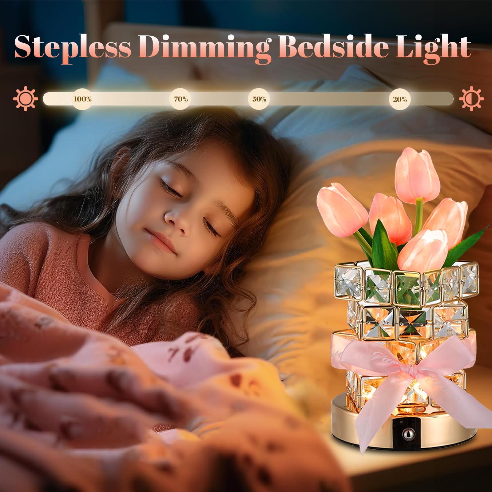 Tulip Table Lamp, 3-Color Dimmable Artificial Flowers Night Light, Rechargeable Cordless Small Desk Lamp, Fake Bouquet 5 Tulip W