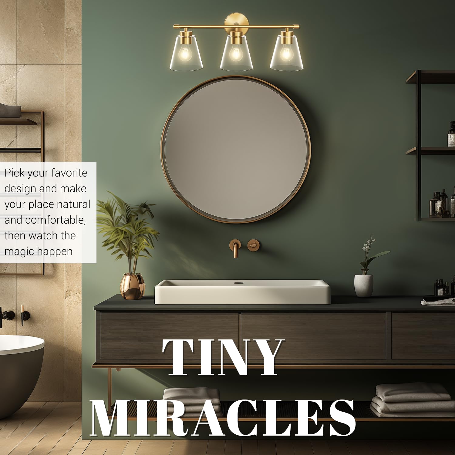 Hamilyeah Gold 3-Light Bathroom Vanity Light Fixtures with Clear Glass Shade, Industrial Style for Bath and Restroom
