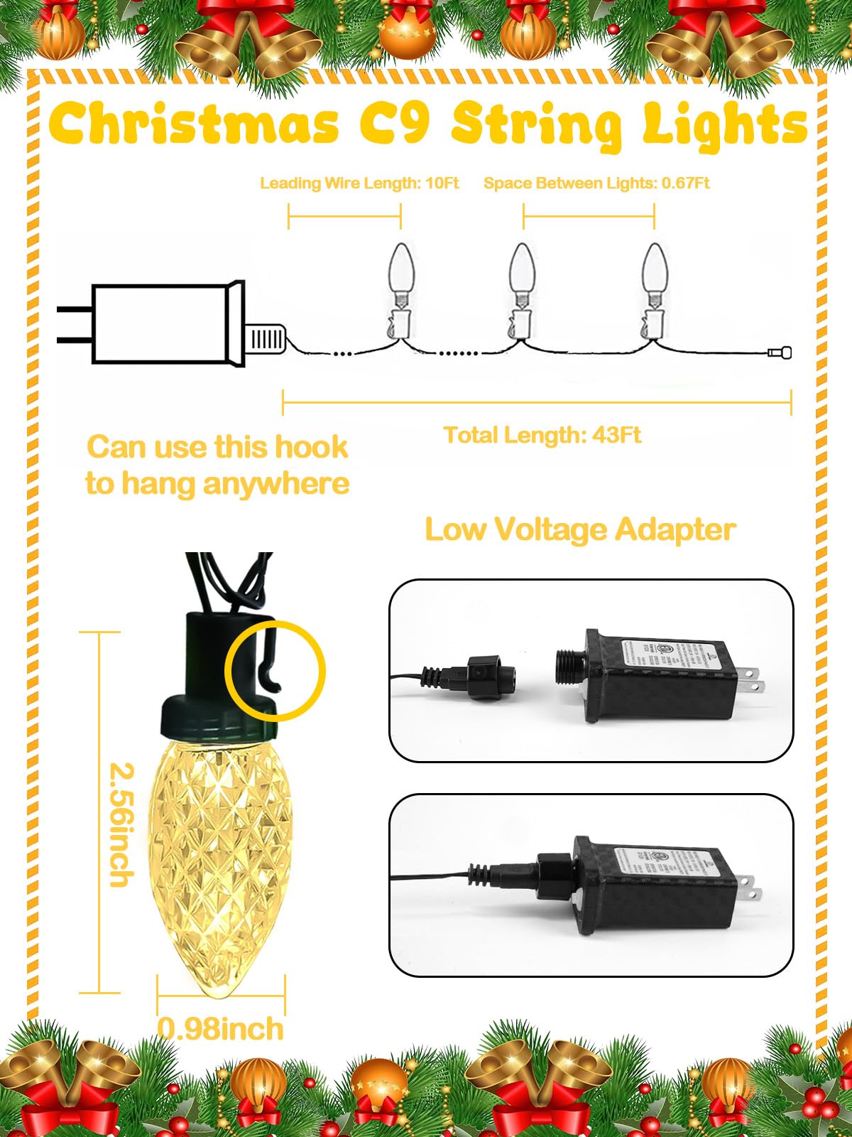 2-Pack C9 Christmas String Lights Plug In  66 Ft 100 Led Christmas Lights Connectable With 8 Modes & Timer  Waterproof Fairy Twinkle Light Indoor Outdoor For Xmas Tree Yard Decorations (Warm White)