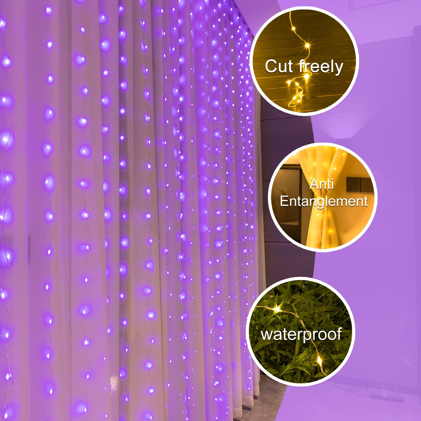 Sinamer Purple Curtain Light With Untangled Wires For Bedroom, 300Led 9.8Ft X 9.8Ft Window Fairy Curtain String Light With 16 Hooks, 8 Modes Remote Control For Wedding Party Home Indoor Decorations