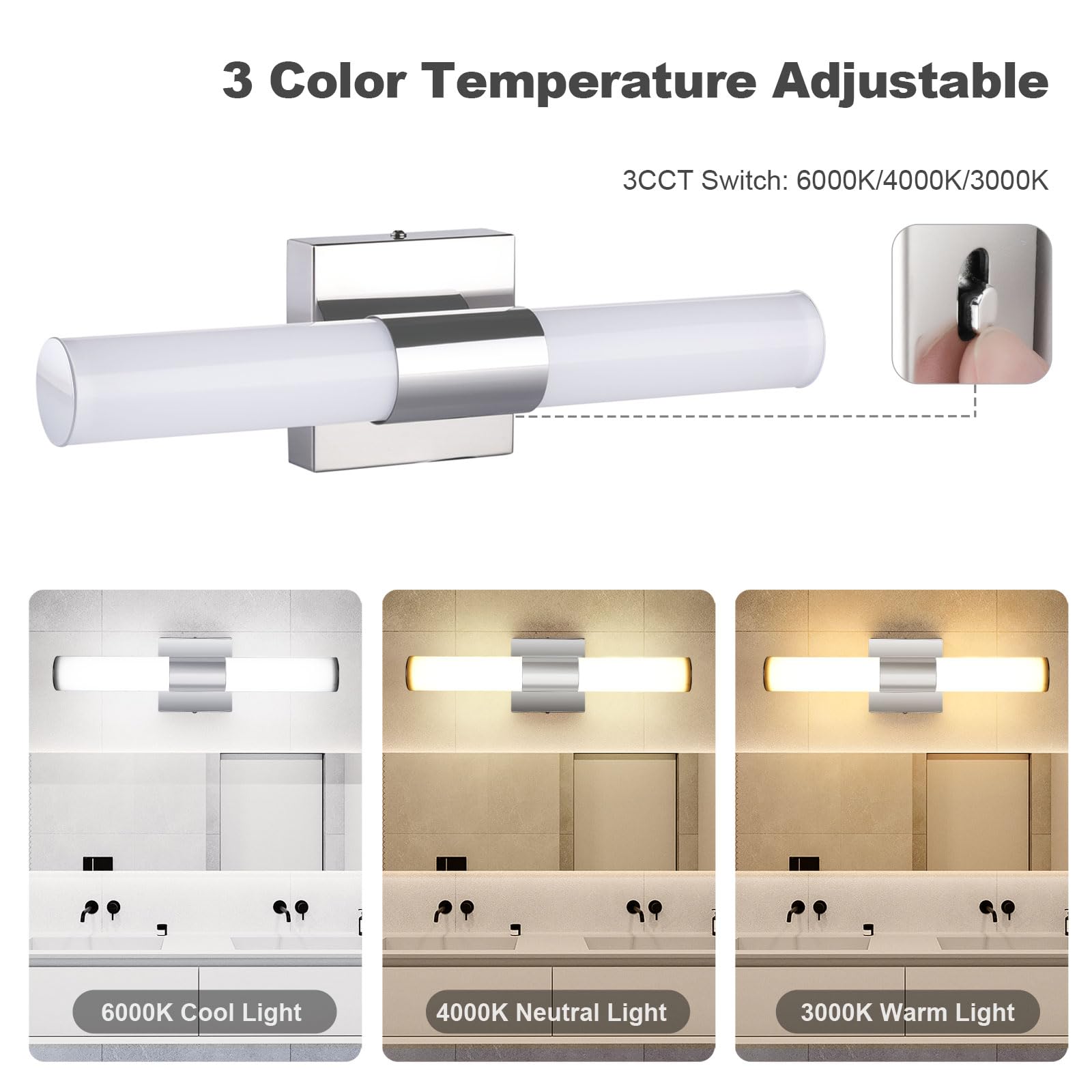 Trlife Dimmable Bathroom Vanity Light Fixture, 12W Led, 24 Stainless Steel, 3 Color Temperature, Model Vanity-3Co-60L