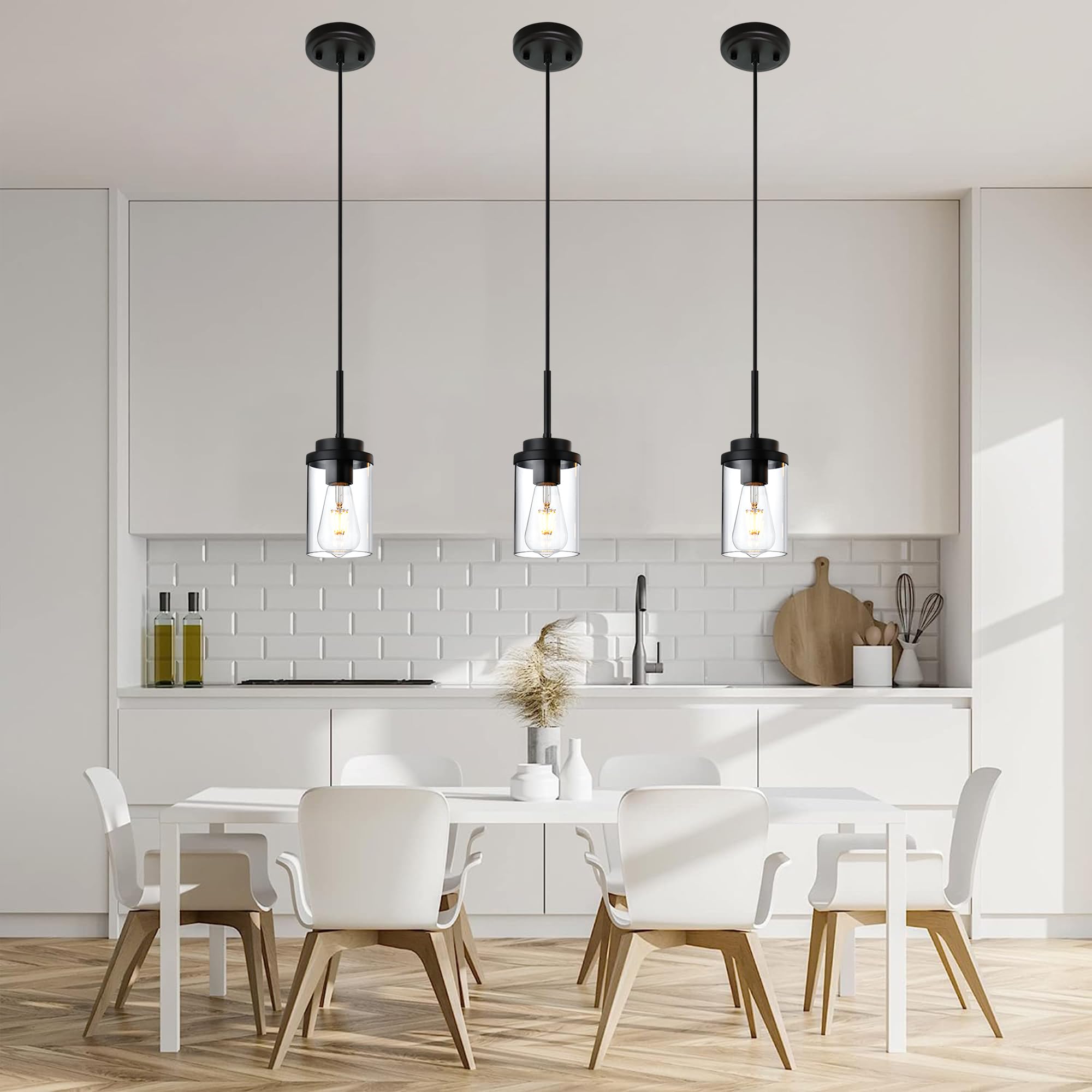 MELUCEE Hanging Pendant Light Fixtures, Adjustable Black Metal Ceiling Lamp with Clear Glass Shade, 3 Pack, Model 4-4501-3P-3BL