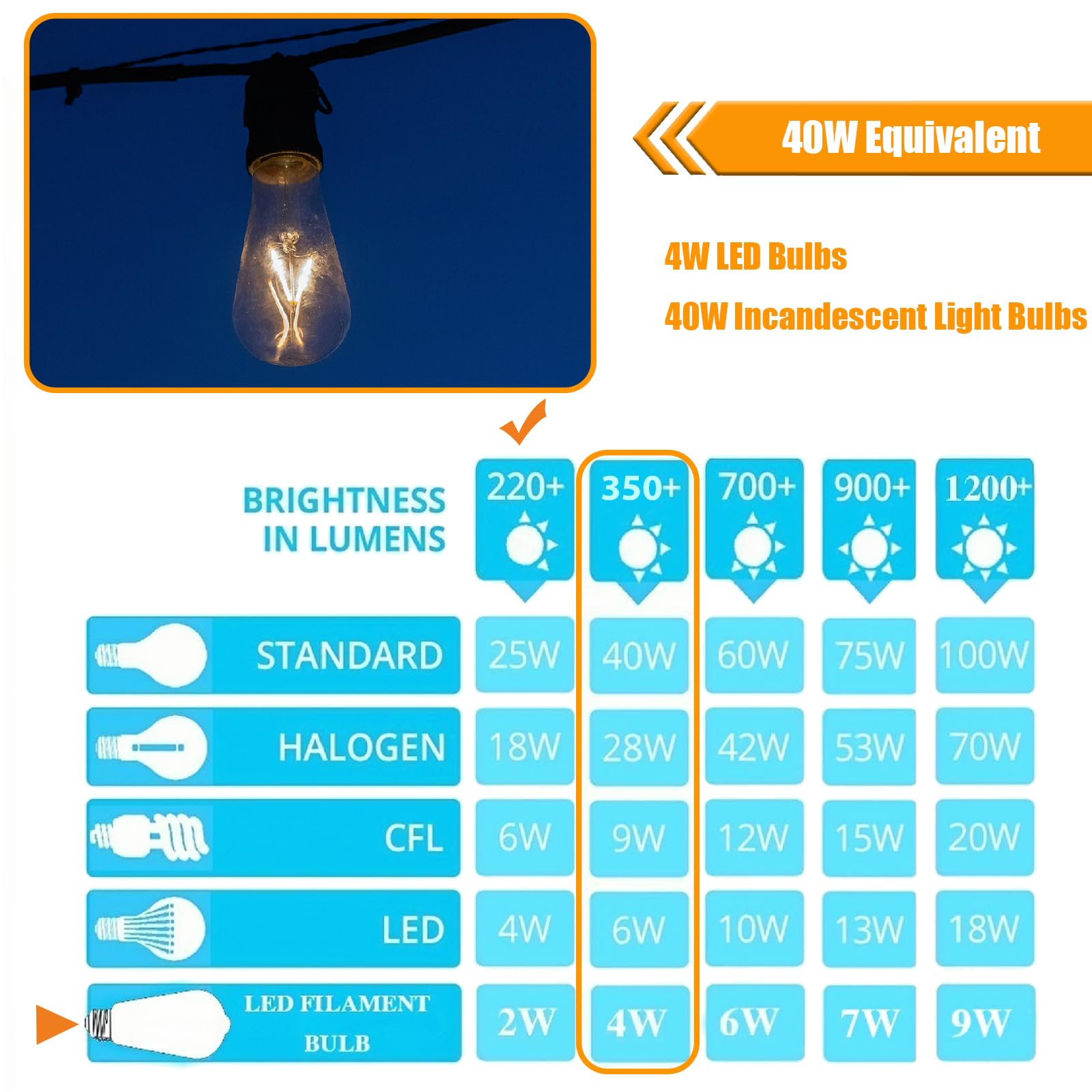 Winsaled 24 Pack Led Edison Bulbs 40 Watts Equivalent, 4 Watt Led Vintage Light Bulb, 2700K Soft White St19 Light Bulb, 350Lm E2