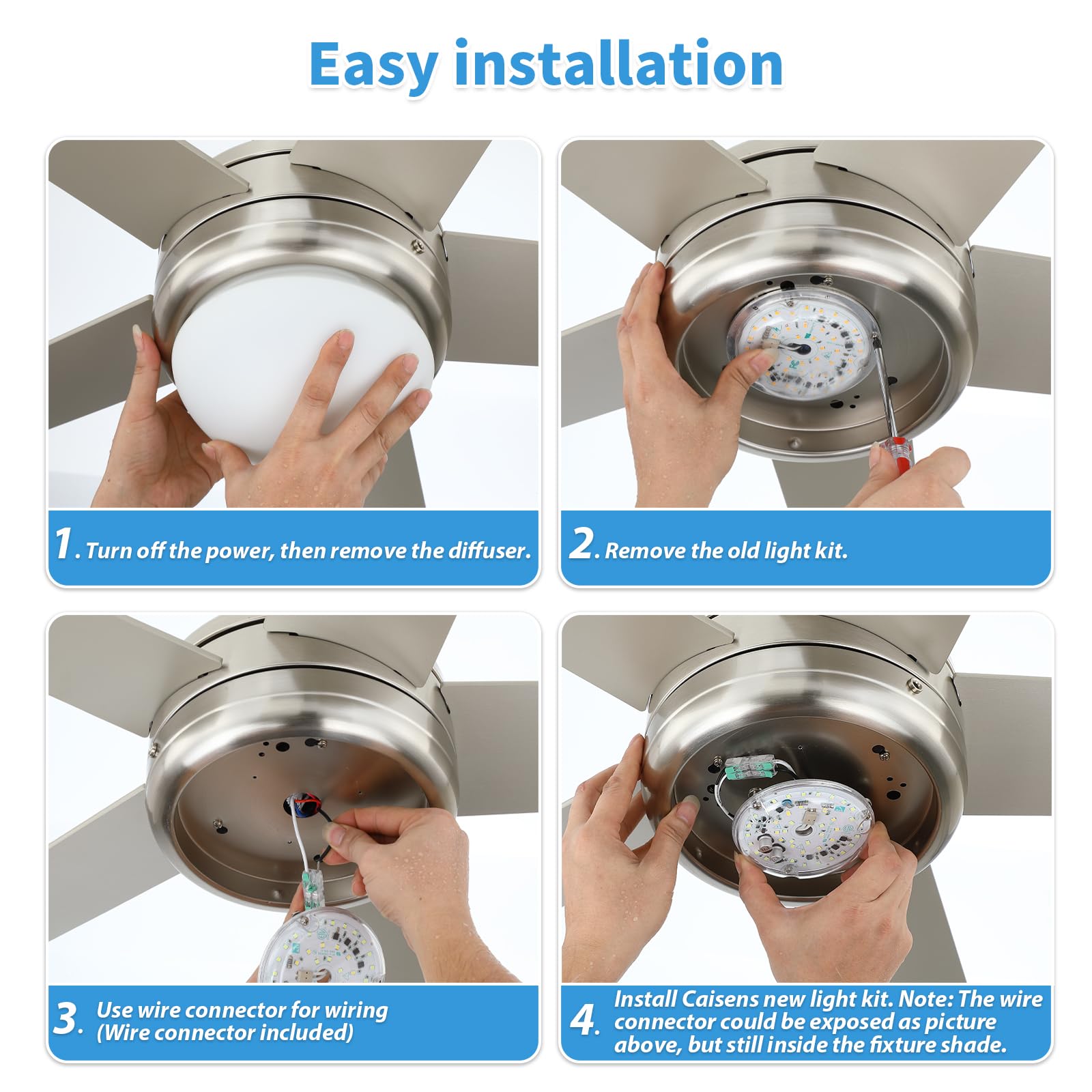 Caisens 4 Inch Dimmable Ceiling Fan LED Light Kit, 18W 2200LM, 3CCT 3000/4500/6000K, Round Design,