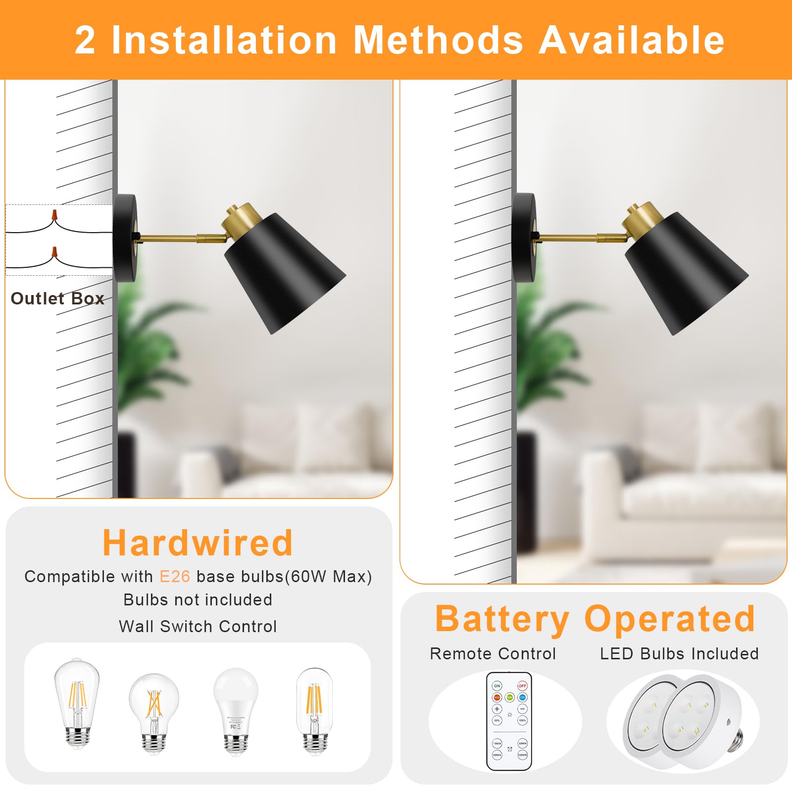 Odnora Battery Operated Wall Sconces Set Of 2, Wireless Wall Lights Dimmable With Remote Control, Indoor Sconce Wall Decor, Led Cordless Black Wall Mounted Lamps For Bedroom Living Room Hallway