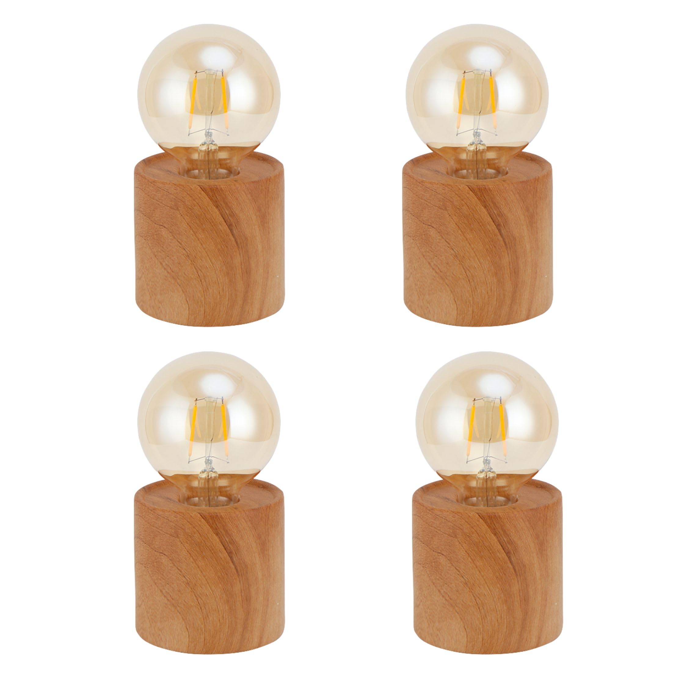 Jhy Design Set Of 4 Wood Grain Table Lamp 6.5 Tall Cordless Lamp Light With Edison Style Bulb And 6 Hours Timer Battery Operated