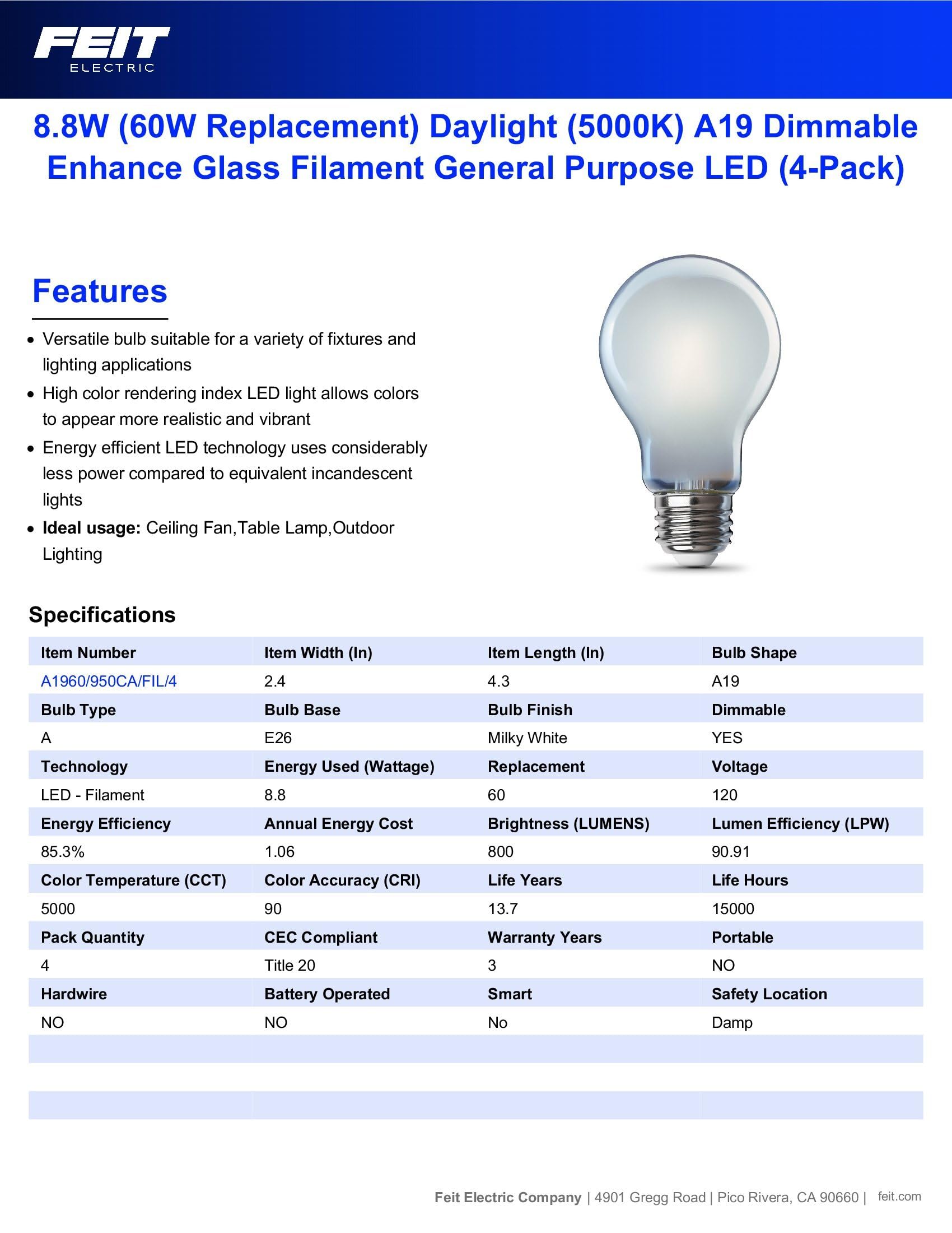 Feit Electric A19 Led Light Bulb, 60W Equivalent, Dimmable, 800 Lumens, E26 Med Base, 5000K Daylight, 90 Cri, 8.8W Standard Glas