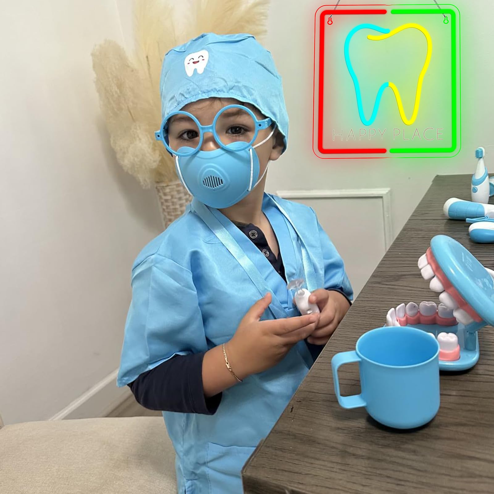 Wanxing Happy Place Tooth Neon Sign, Colorful LED Light, Dimmable Brightness, USB Powered, Kids·Dentistry & Home D?or
