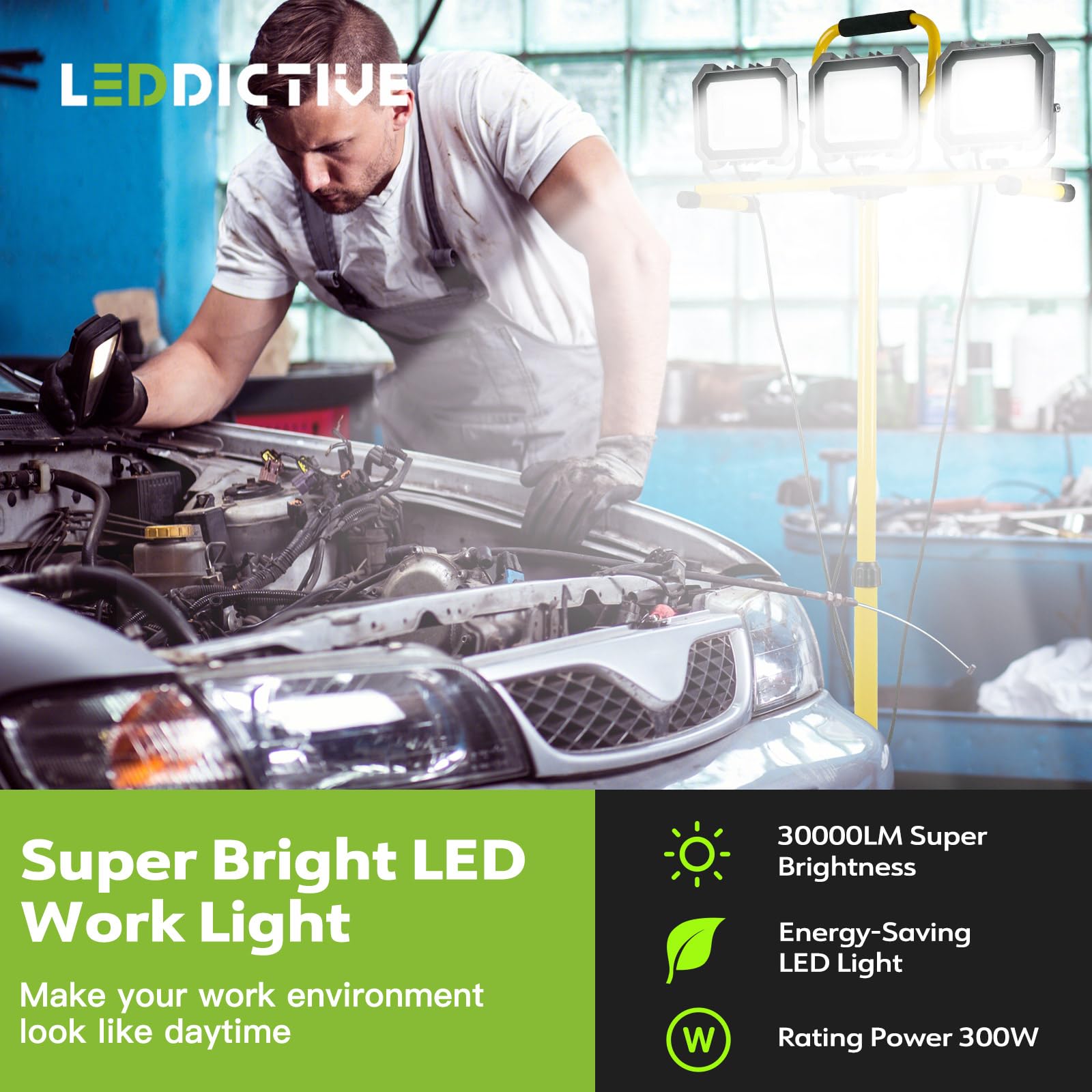 30000Lm Work Lights With Stand, Ip66 Waterproof 6000K Led Work Light With Foldable Tripod Stand, 3 Head Portable Work Light With