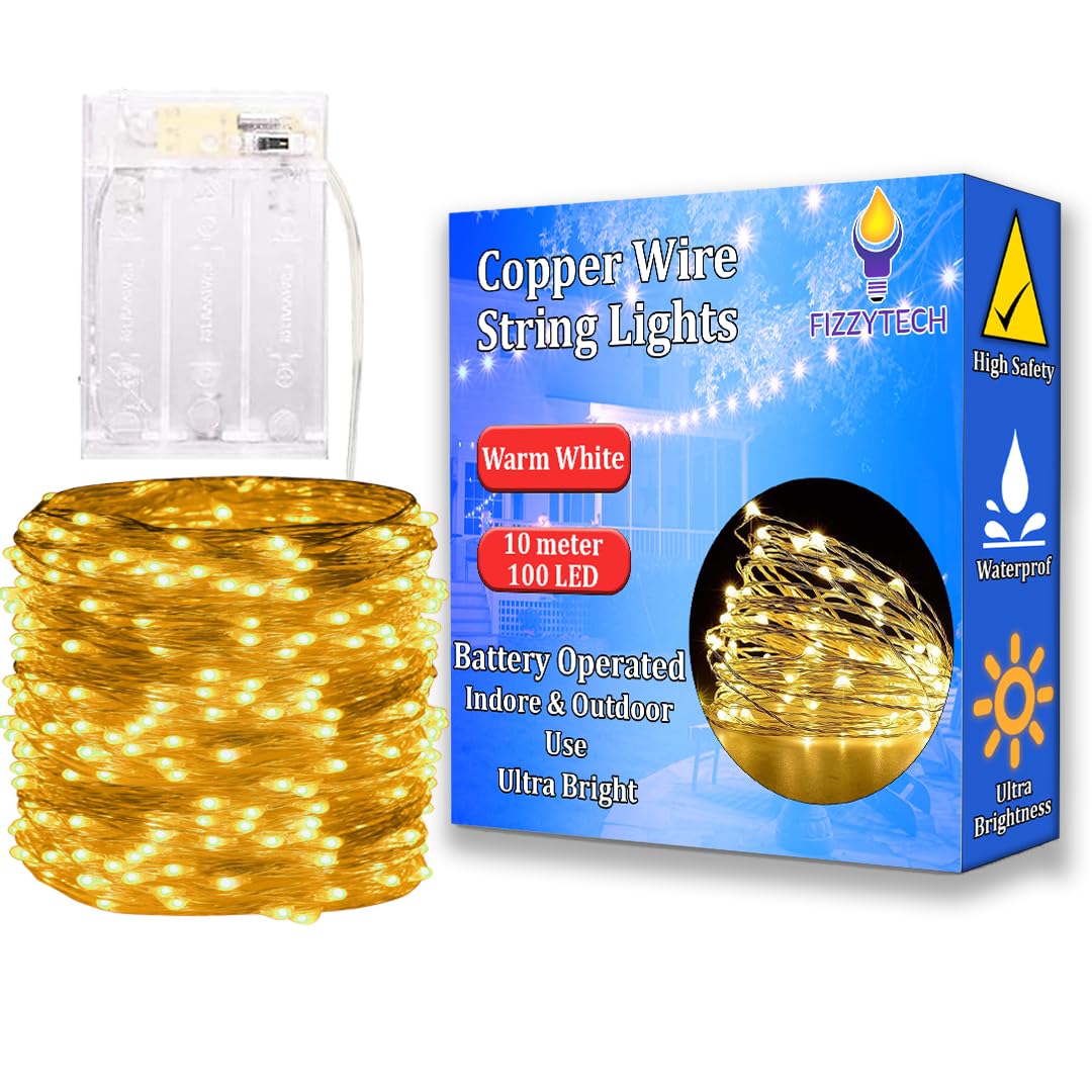 fizzytech 10 Meter 100 LEDs Fairy String Lights Battery Powered Copper Wire Lights of Home Decoration, Diwali Lighting Festival