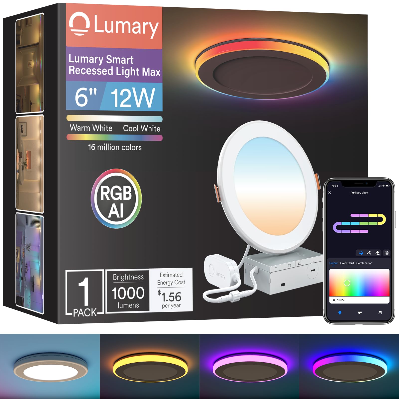 Lumary Rgbai Smart Recessed Lighting 6 Inch With Gradient Accent And Night Ring  12W 1000Lm Wi-Fi Led Recessed Lights  Led Downlight Compatible With Alexa/Google Assistant/Siri  1Pcs