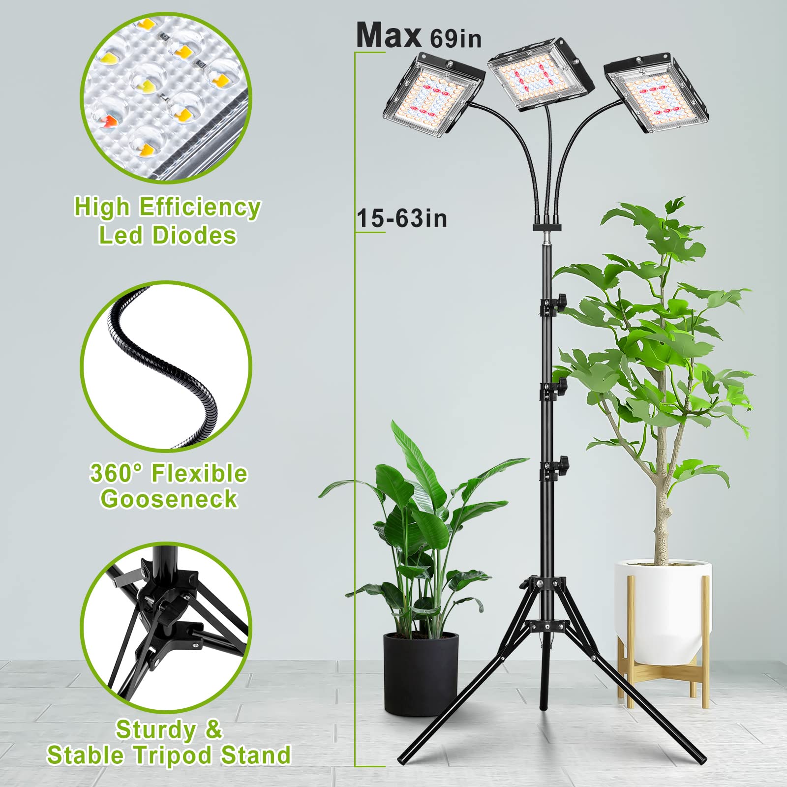LORDEM Tri-Head Plant Grow Light with Timer, Full Spectrum Indoor LED Lamp, Adjustable Tripod, Black, Model b1101