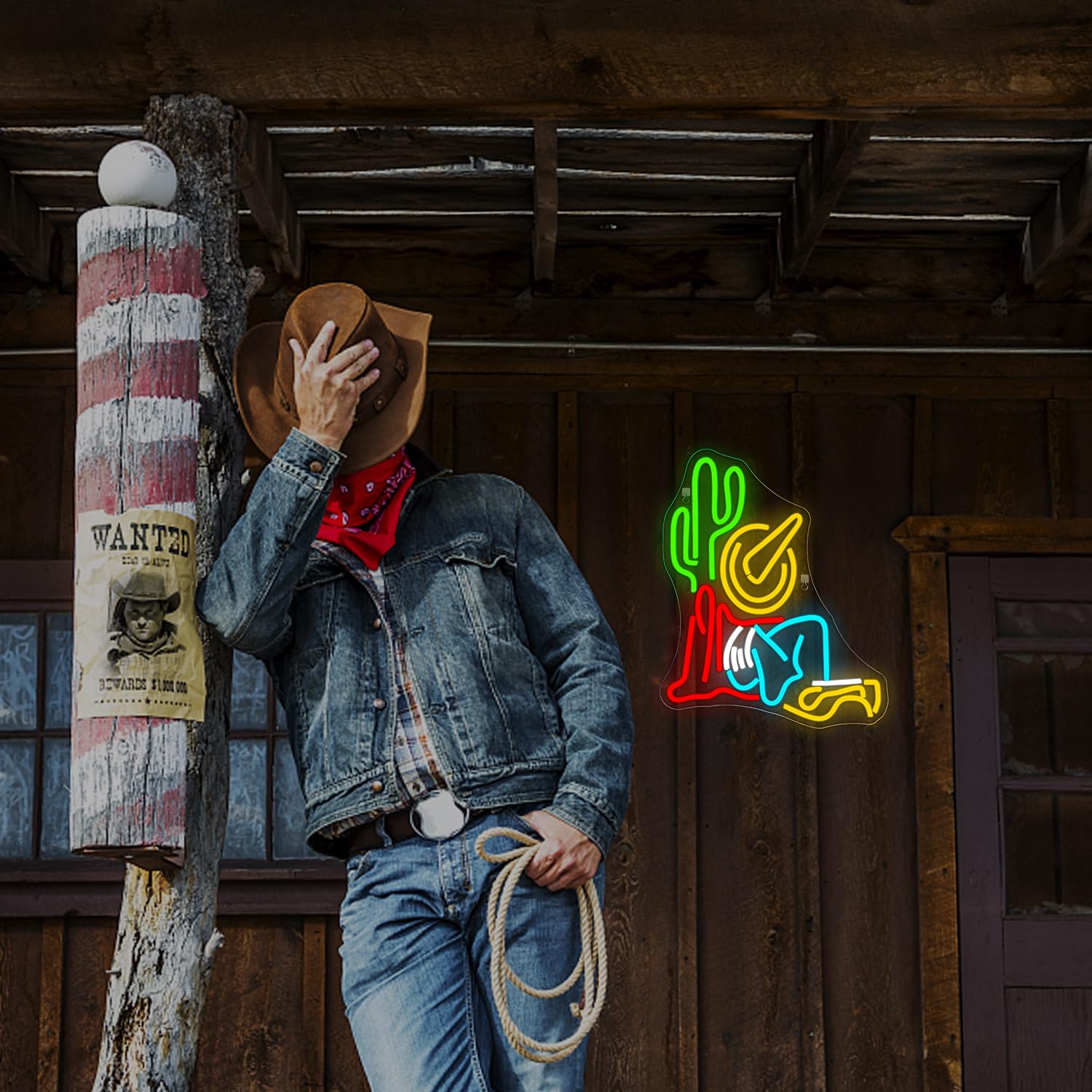 Cowboy Cactus Neon Sign Cowboy Hat Neon Signs for Wall Decor Western Wall Art USB Light Up Sign Dimmable LED Sign For Man Cave,B