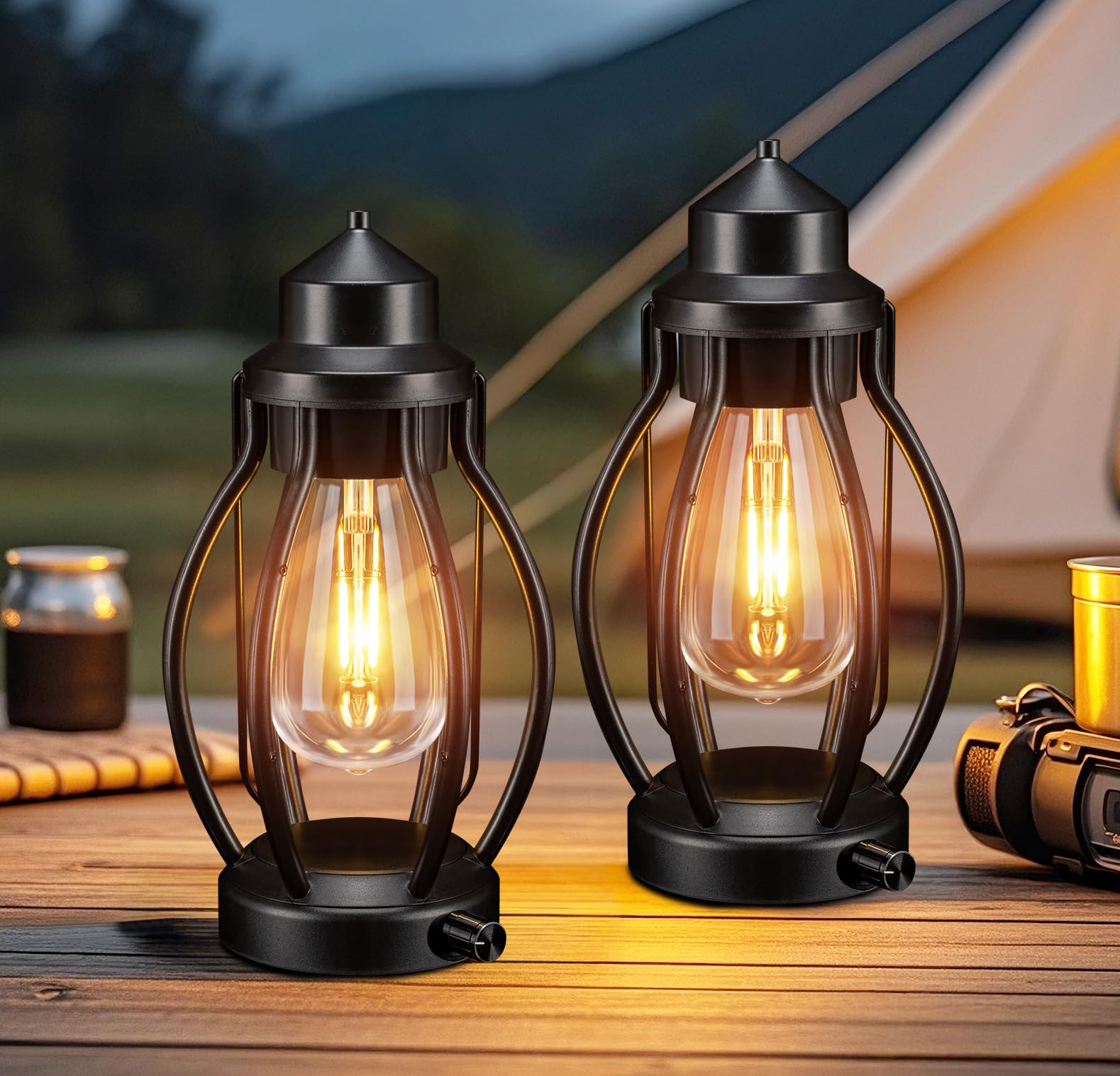 Rechargeable Outdoor Camping Lanterns 2Pack, Vintage Dimmable Hanging Outdoor Camping Lights with USB-C, Waterproof Table Lamps 