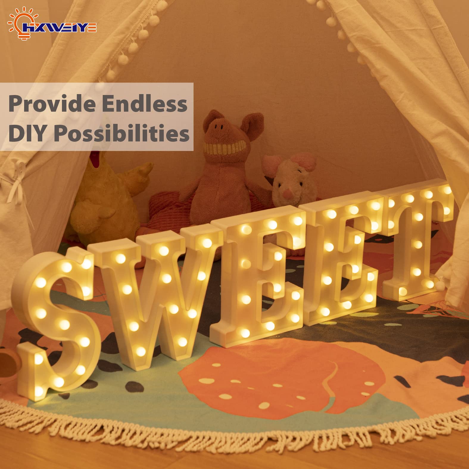 HXWEIYE LED Marquee Lights Sign, 26 Alphabet & 10 Numbers, Warm White-S, Battery Powered, Plastic for Party & Decor