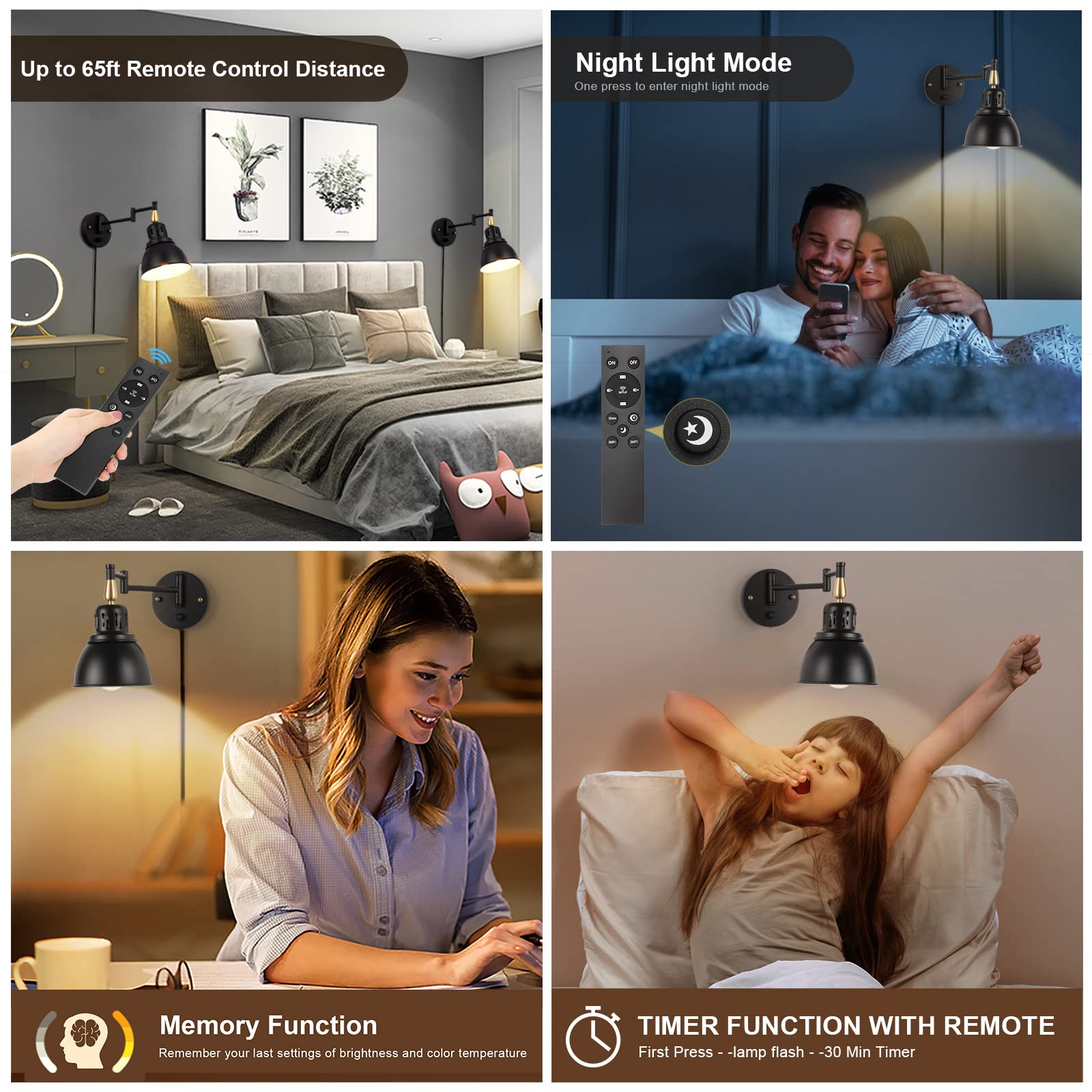 TRLIFE Wall Sconces Plug-in, Remote Control, Dimmable, Adjustable Color Temperature, 2 Pack, Black, Arm-W02-2Re