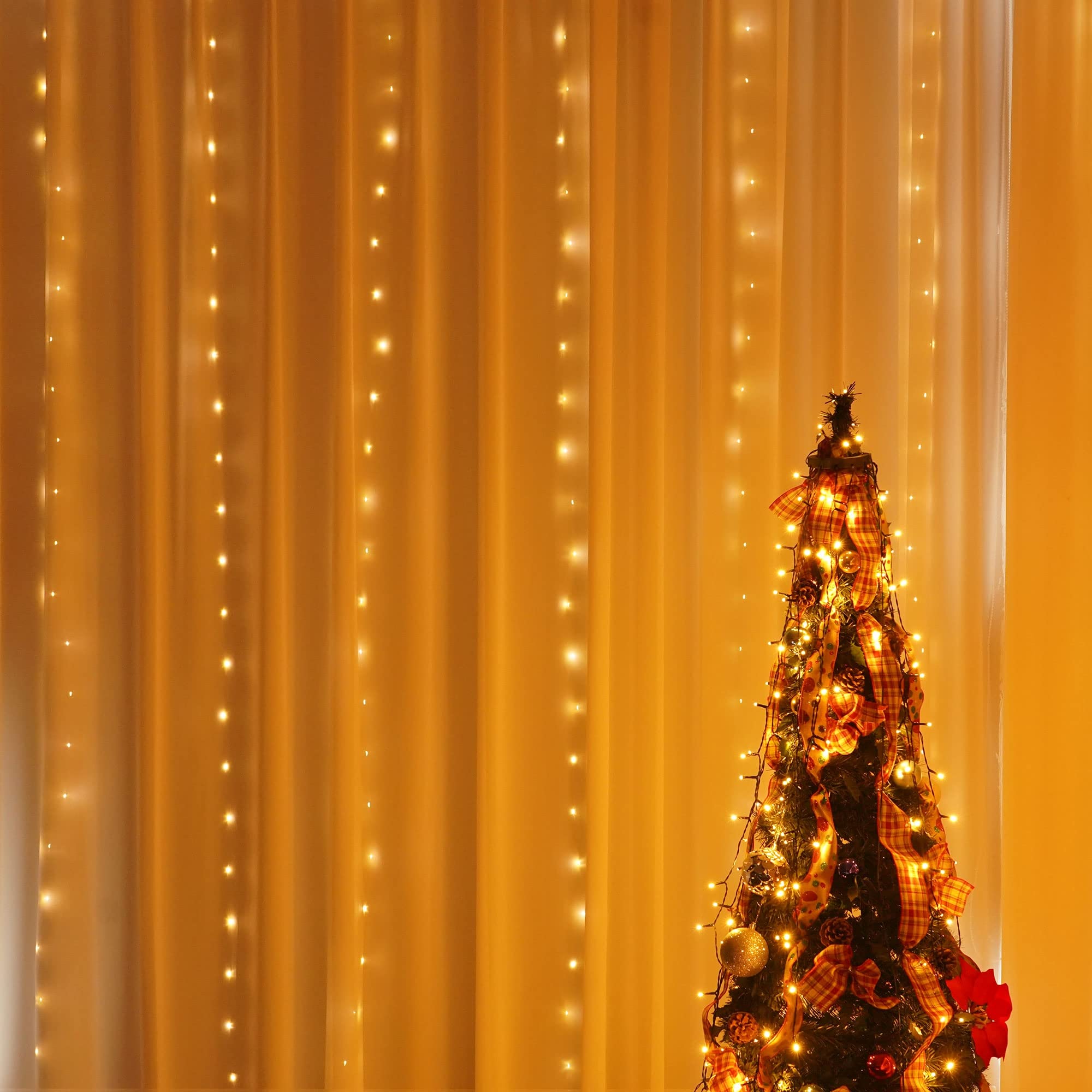 Dazzle Bright 300 LED Curtain String Lights, 9.8ft x 9.8ft, Warm White, Waterproof, 8 Lighting Modes for Home, Party, Wedding Decor