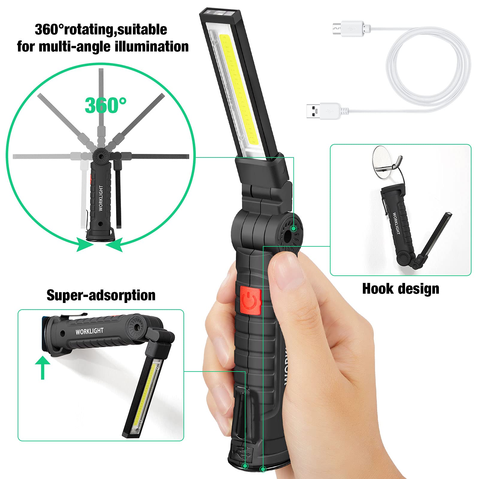 Honoson LED Work Light, Rechargeable COB Flashlight, 5 Modes, Magnetic Base, Hanging Hook, Small, Red, Model Honoson-916477