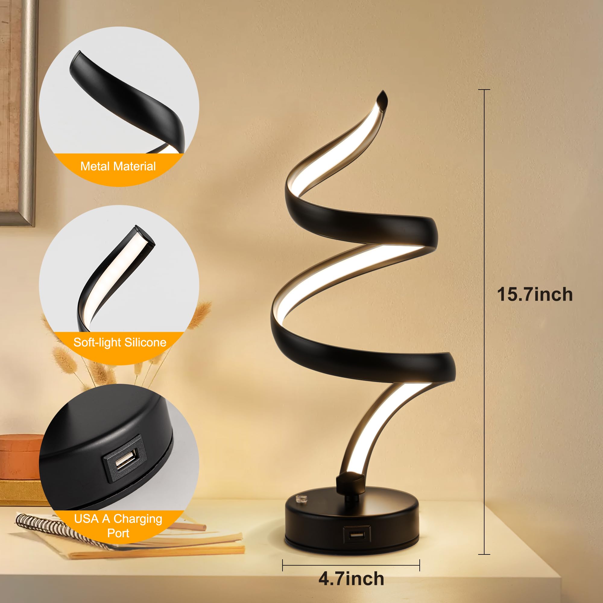 Adebime Spiral Led Lamp - Touch-Controlled Dimmable Table Light, Warm White For Bedrooms, Living Rooms, And Offices, Black