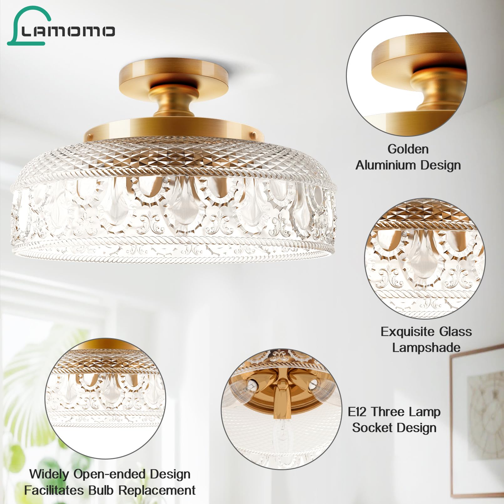 Lamomo Semi Flush Mount Ceiling Light, Upgraded Larger Golden Hallway Light Fixture, 3-Bulb Globe Glass Close To Ceiling Scone,I