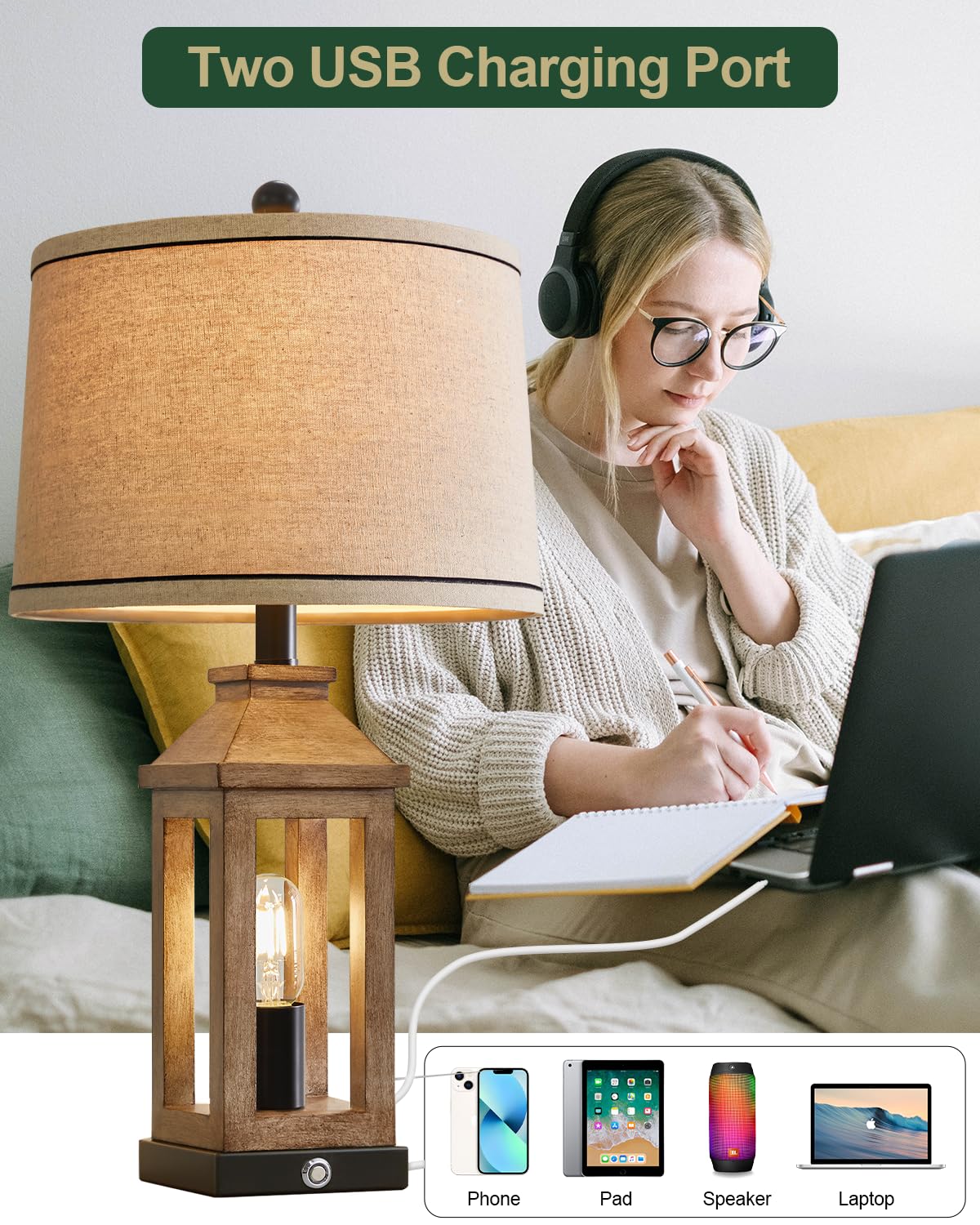G-SAFAVA Farmhouse Table Lamp - 23.75" Touch Control, USB A+C Ports, 3-Way Dimmable, Vintage Modern Design, Wood Finish