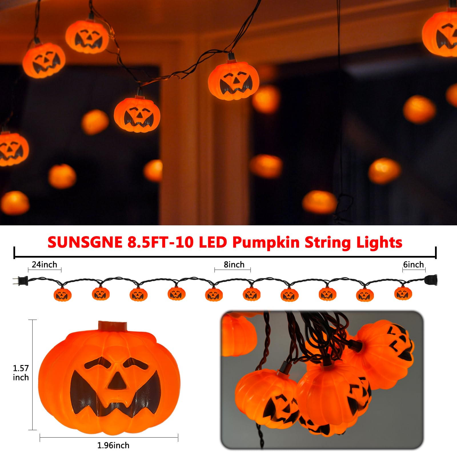 Sunsgne Halloween Pumpkin String Lights, 8.5Ft Halloween String Lights With 10 Led Pumpkin Lights, Plug In Outdoor Halloween Lights For Window Bedroom Decor