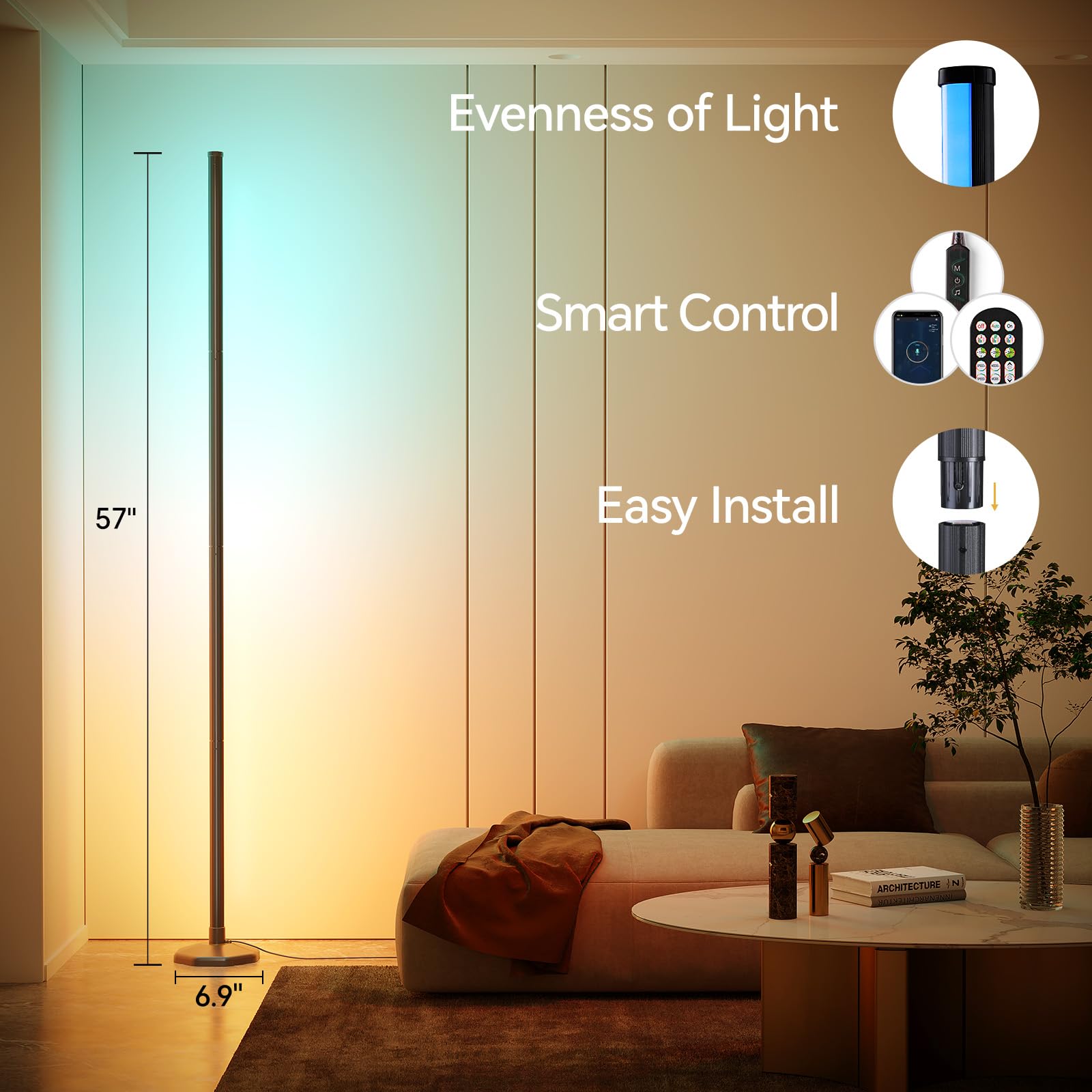 Sunmory 2 Pack Rgb Led Floor Lamp, 57'' Corner Lamp With 80+ Scene & Timer, Smart Ambient Lighting With Music Sync & 16 Million