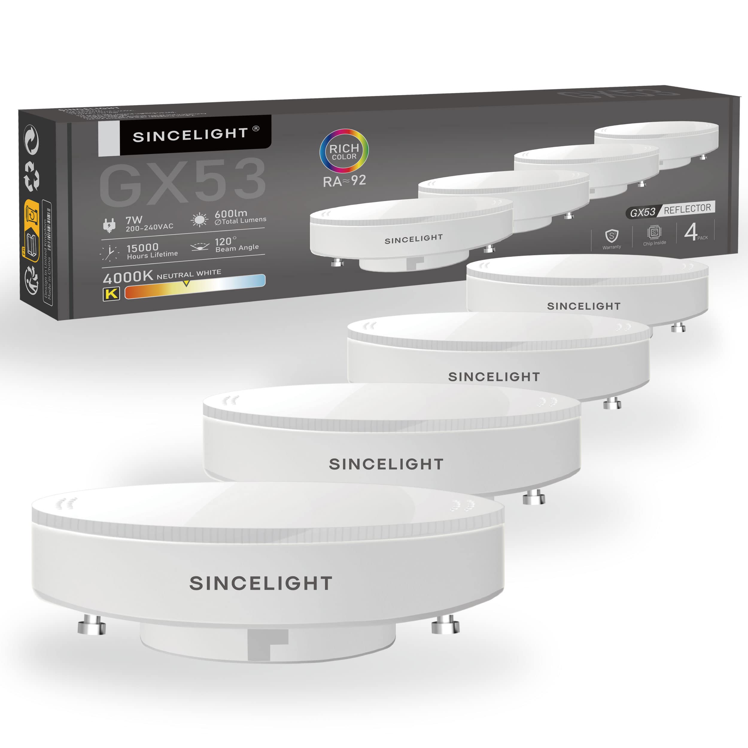 SINCELIGHT GX53 LED Bulbs, 7W, Reflector, 60W Equivalent, Disc Frosted Puck, RA92, Warm White 2700K, Retrofit The GX53 Fittings 