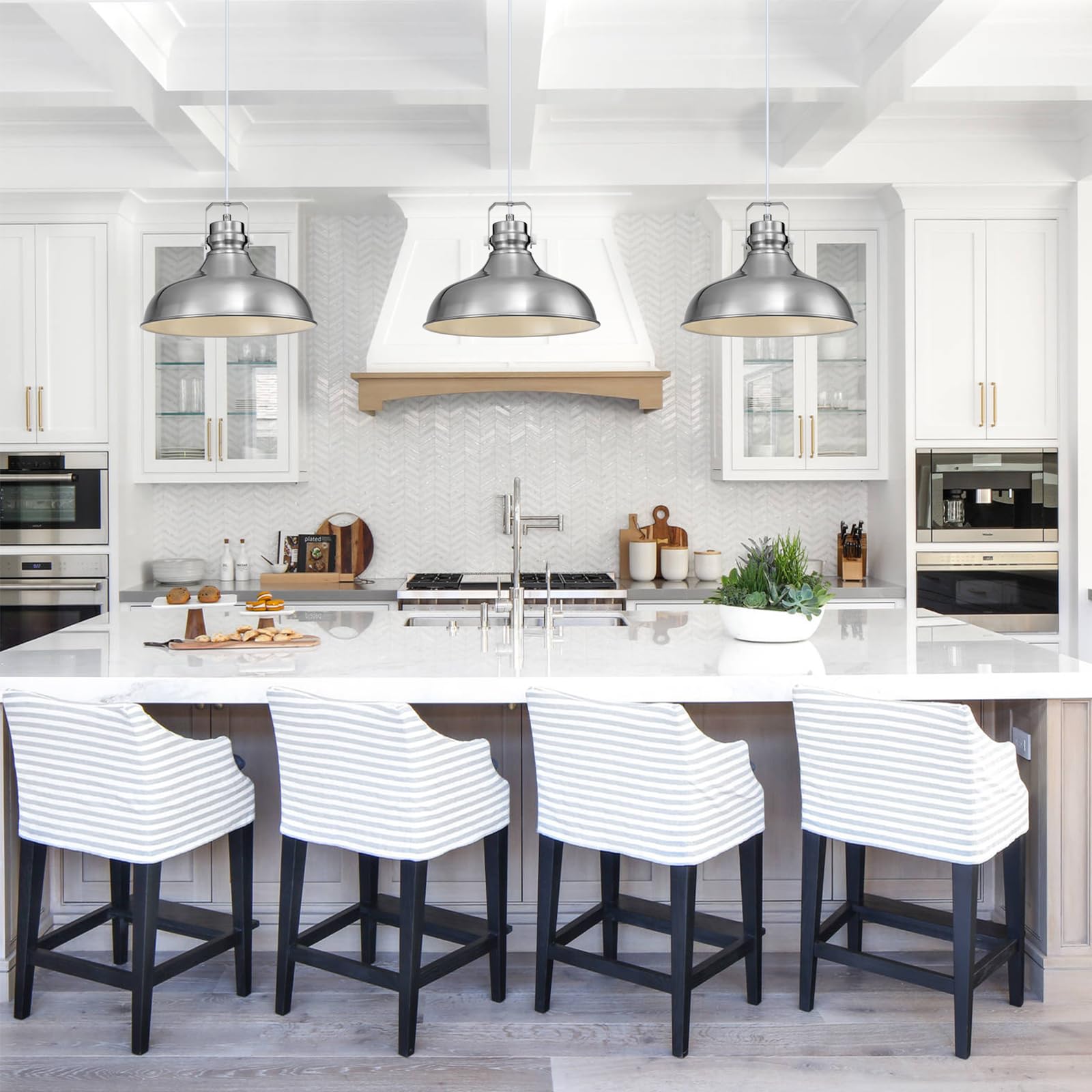 ALAISLYC Brushed Nickel Pendant Lights - Vintage Dome Fixtures, Adjustable Height, 2 Packs, for Kitchen Island & Dining Room