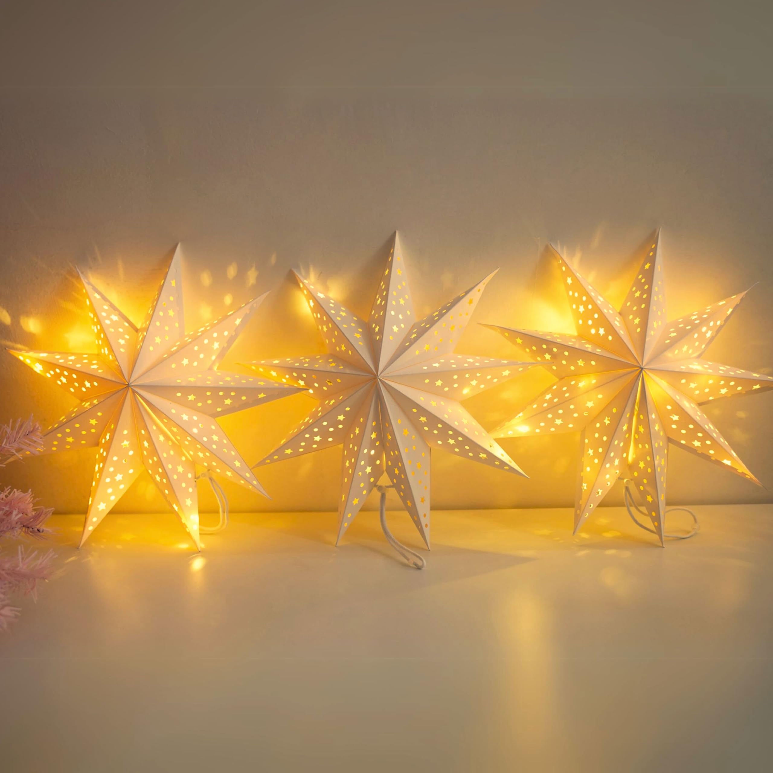 JINKEYULV Paper Star Lantern 3PCS Christmas Paper Stars Lantern 13.78 inch 9 Points Paper Star Lantern Hanging 3D Christmas Pape