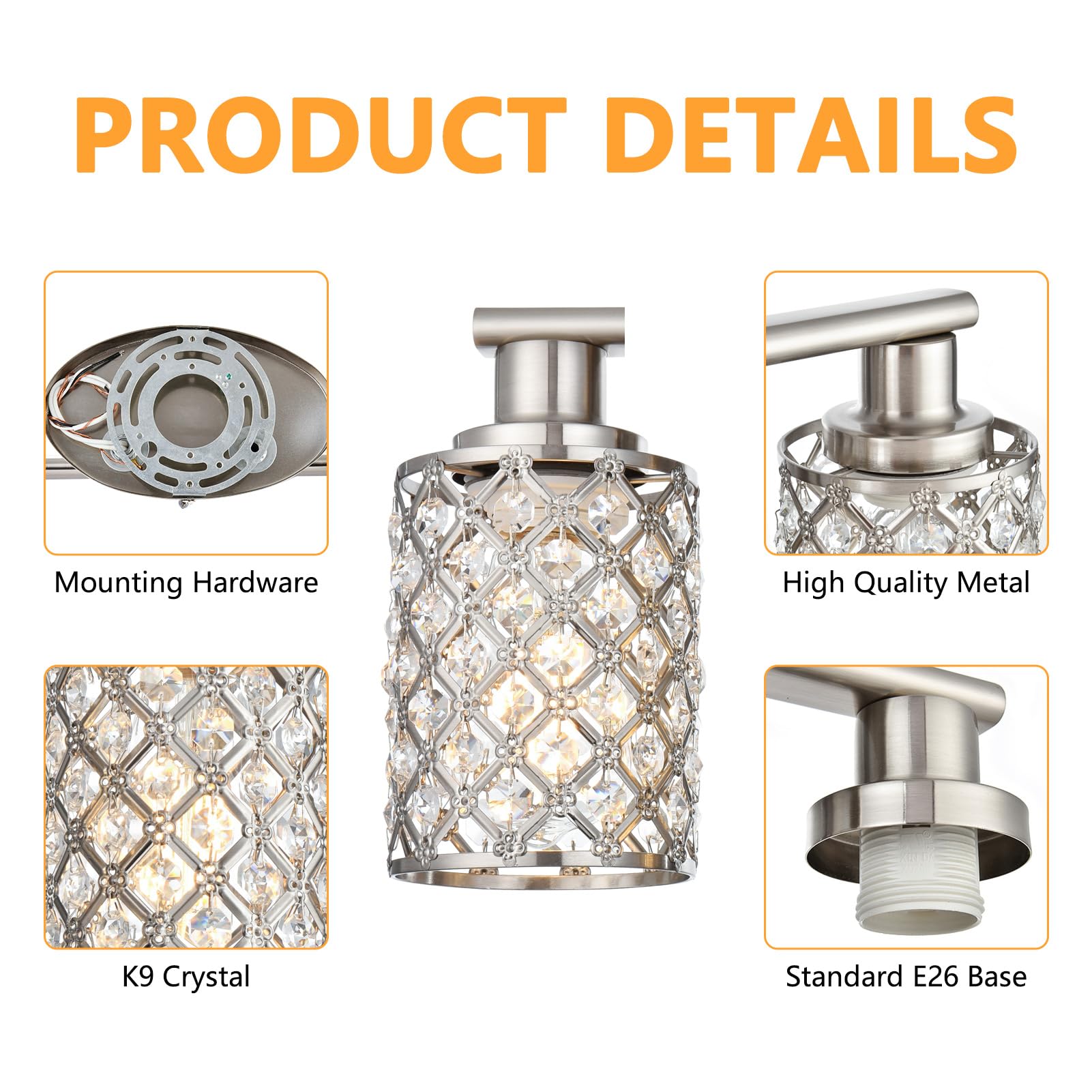 3 Light Bathroom Light Fixtures, Modern Farmhouse Vanity Light,Brushed Nickel Bathroom Lights Over Mirror,Crystal Vanity Lighting Fixtures For Bathroom,Powder Room