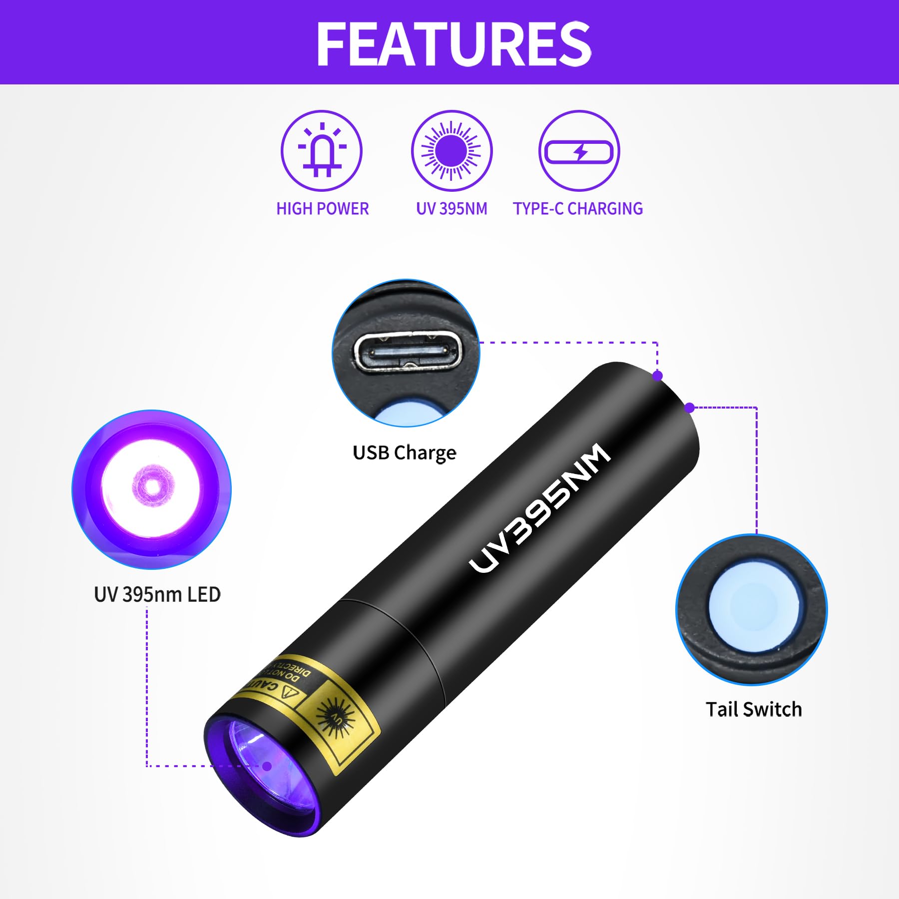 Pzzoe Uv Flashlight Black Lights Wood’S Lamp Powerful Mini Portable, Led 395Nm Usb Rechargeable Ultraviolet Blacklight Flashlights, Pet Urine Detector Light For Uv Resin Curing